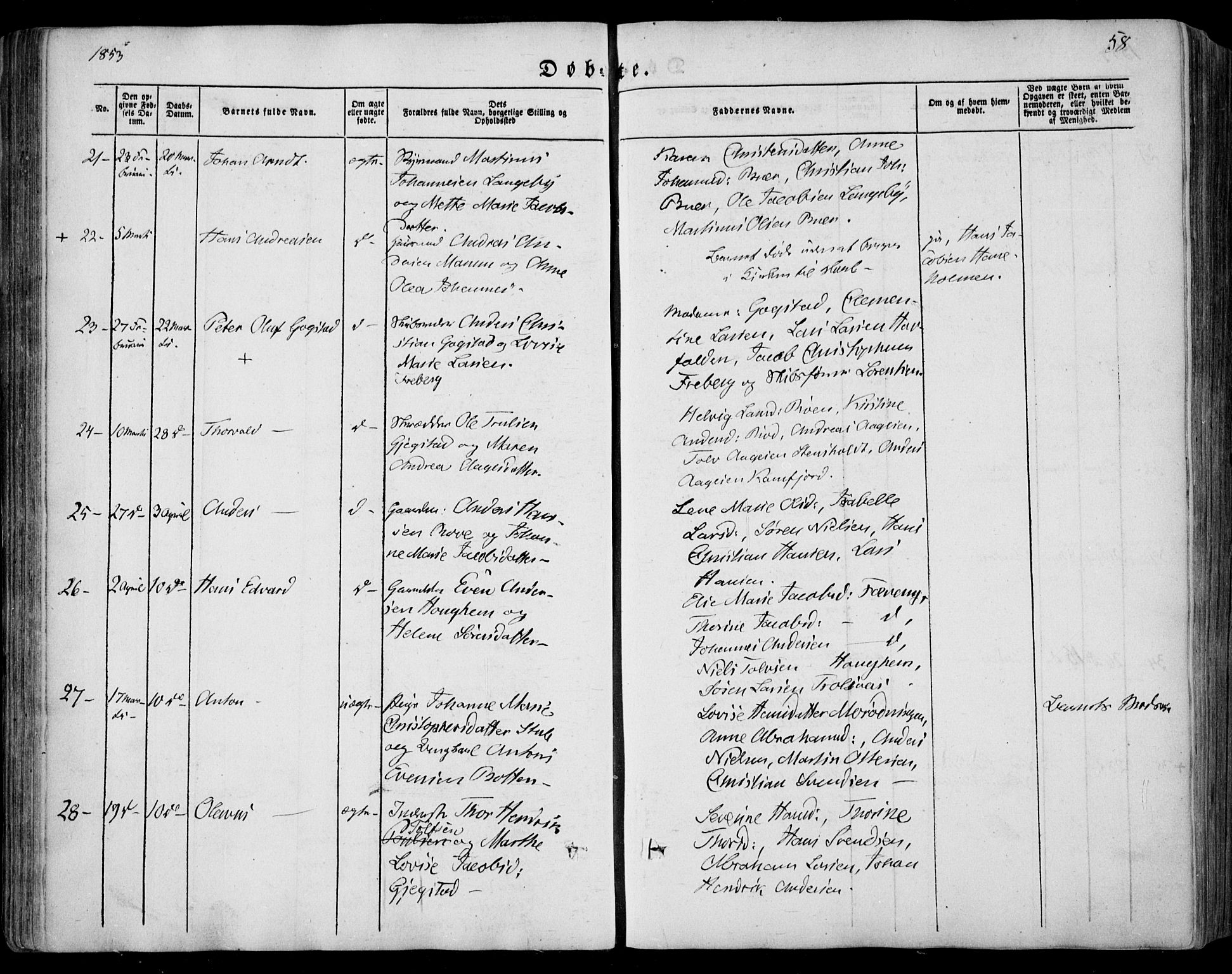 Sandar kirkebøker, SAKO/A-243/F/Fa/L0006: Parish register (official) no. 6, 1847-1860, p. 58