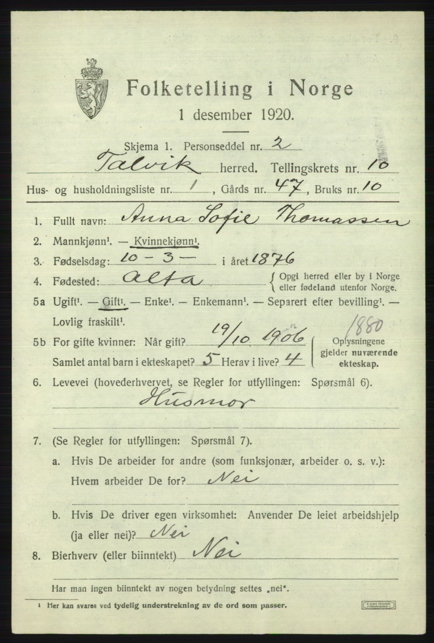 SATØ, 1920 census for Talvik, 1920, p. 5798