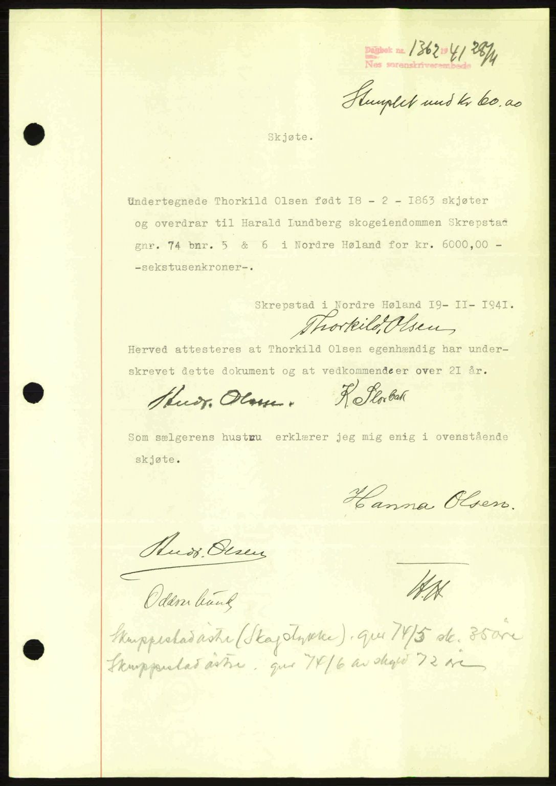 Nes tingrett, AV/SAO-A-10548/G/Gb/Gbb/L0012: Mortgage book no. 56, 1941-1942, Diary no: : 1362/1941