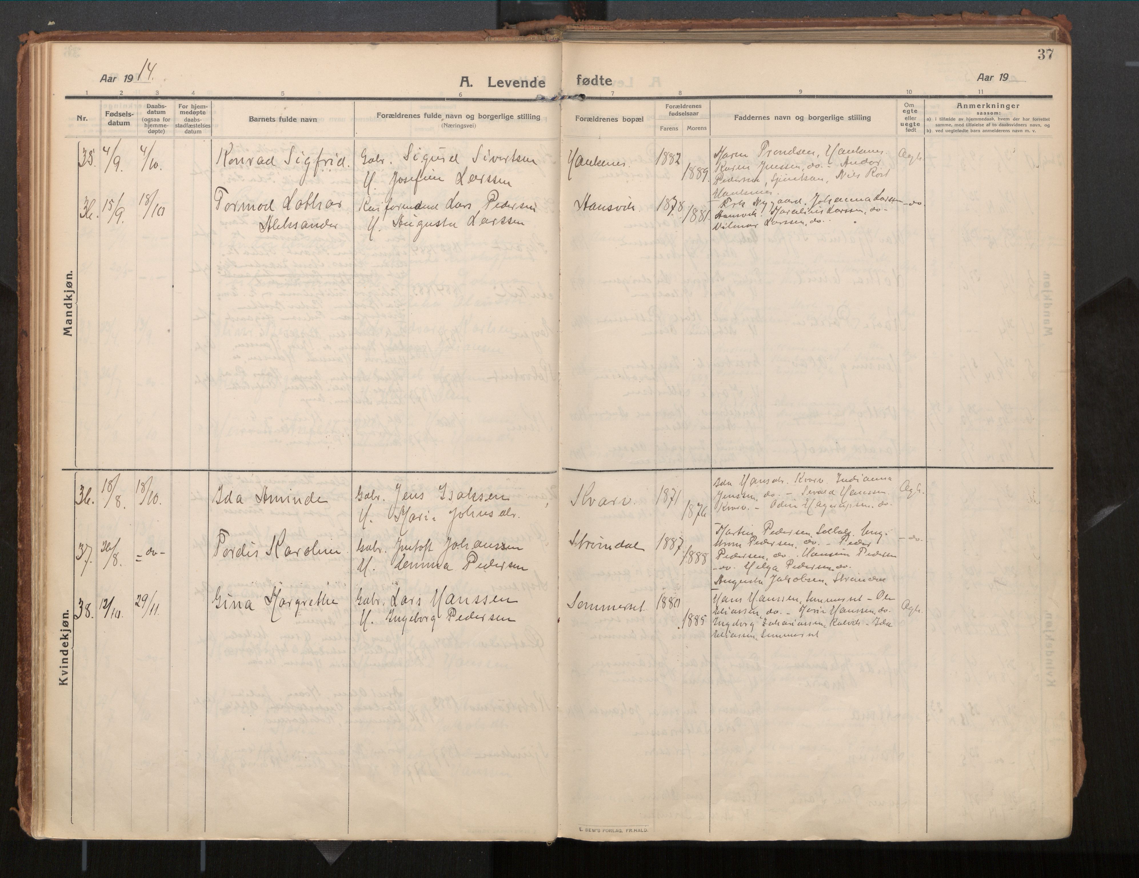 Ministerialprotokoller, klokkerbøker og fødselsregistre - Nordland, AV/SAT-A-1459/854/L0784: Parish register (official) no. 854A07, 1910-1922, p. 37