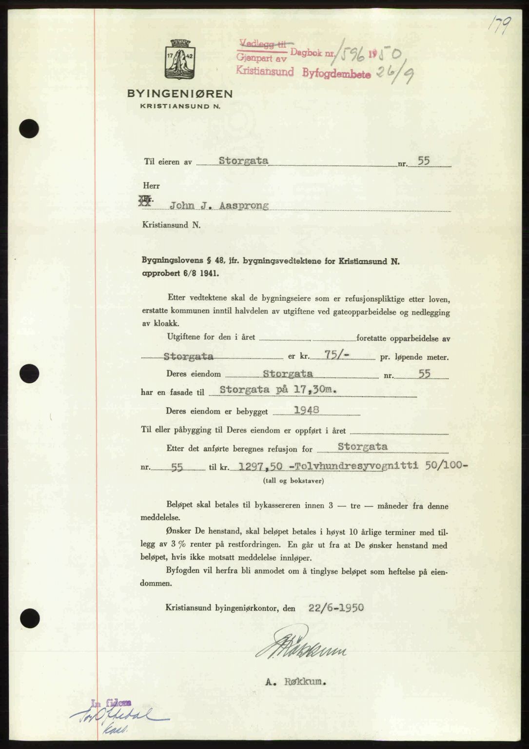 Kristiansund byfogd, AV/SAT-A-4587/A/27: Mortgage book no. 50, 1950-1950, Diary no: : 1596/1950