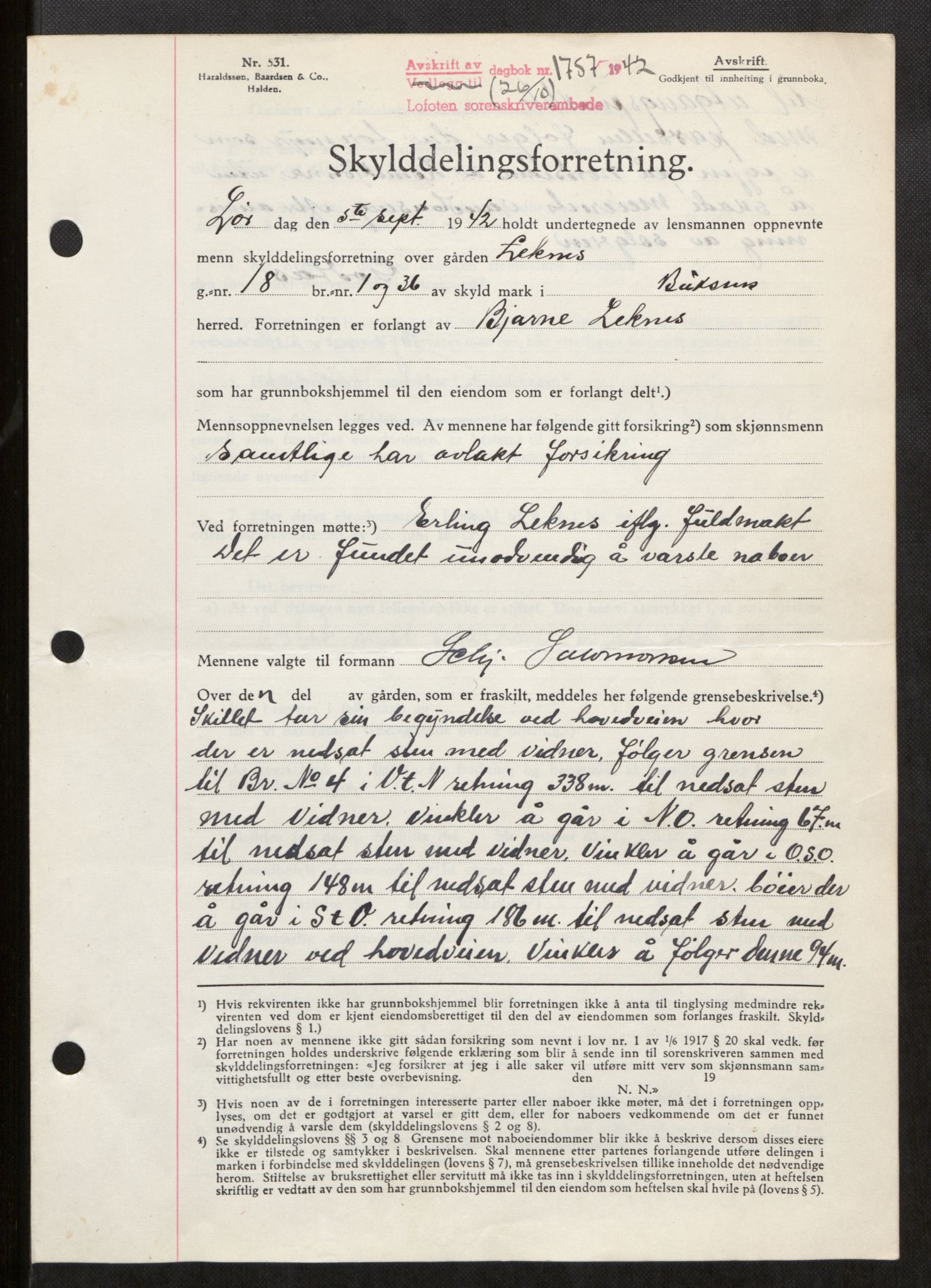 Lofoten sorenskriveri, SAT/A-0017/1/2/2C/L0010a: Mortgage book no. 10a, 1942-1943, Diary no: : 1757/1942