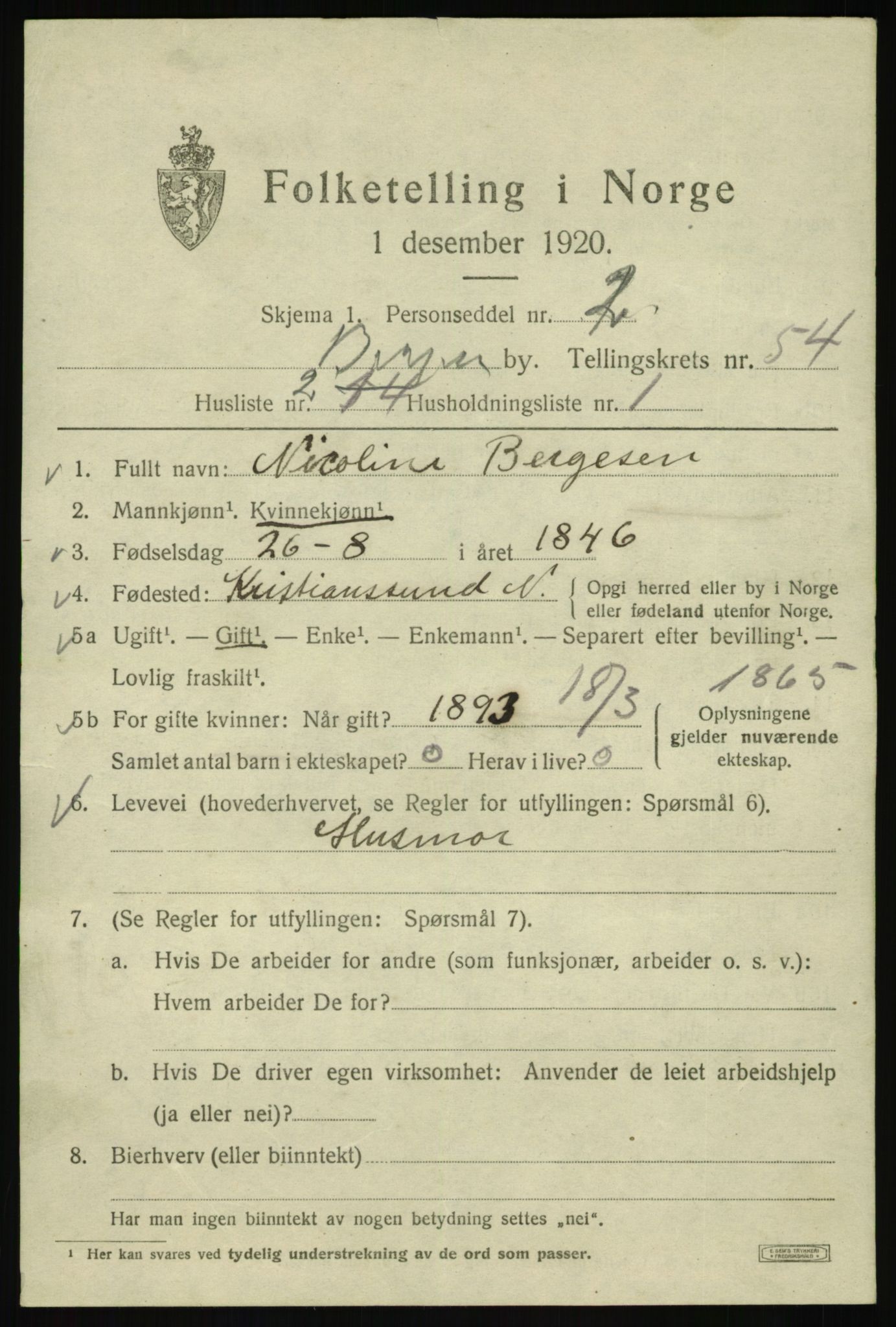 SAB, 1920 census for Bergen, 1920, p. 122426