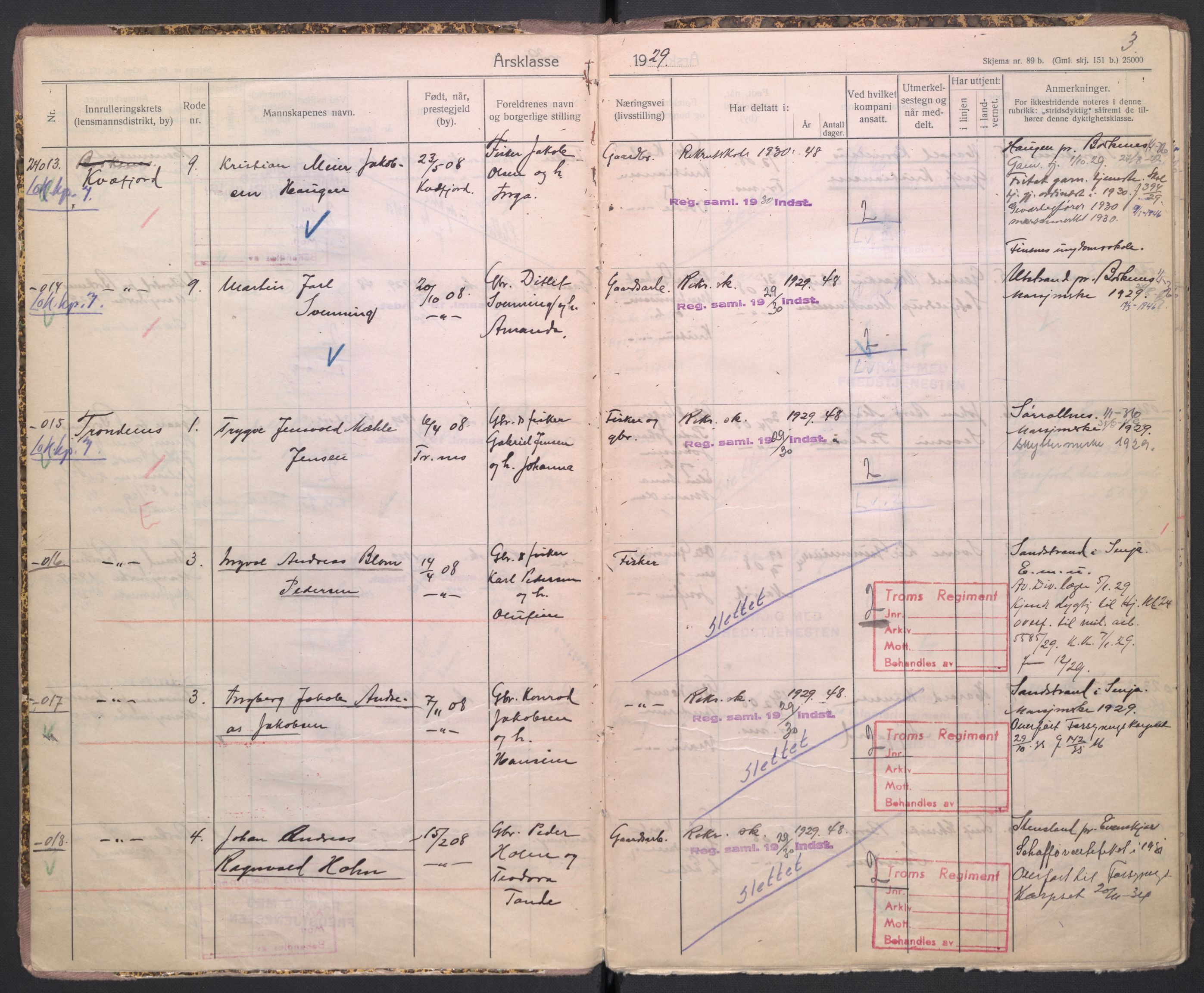 Forsvaret, Troms infanteriregiment nr. 16, AV/RA-RAFA-3146/P/Pa/L0004/0009: Ruller / Rulle for Trondenes bataljons menige mannskaper, årsklasse 1929, 1929, p. 3