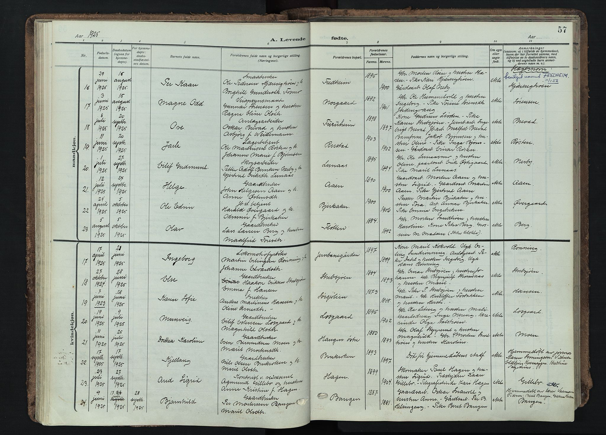 Tynset prestekontor, AV/SAH-PREST-058/H/Ha/Haa/L0026: Parish register (official) no. 26, 1915-1929, p. 57