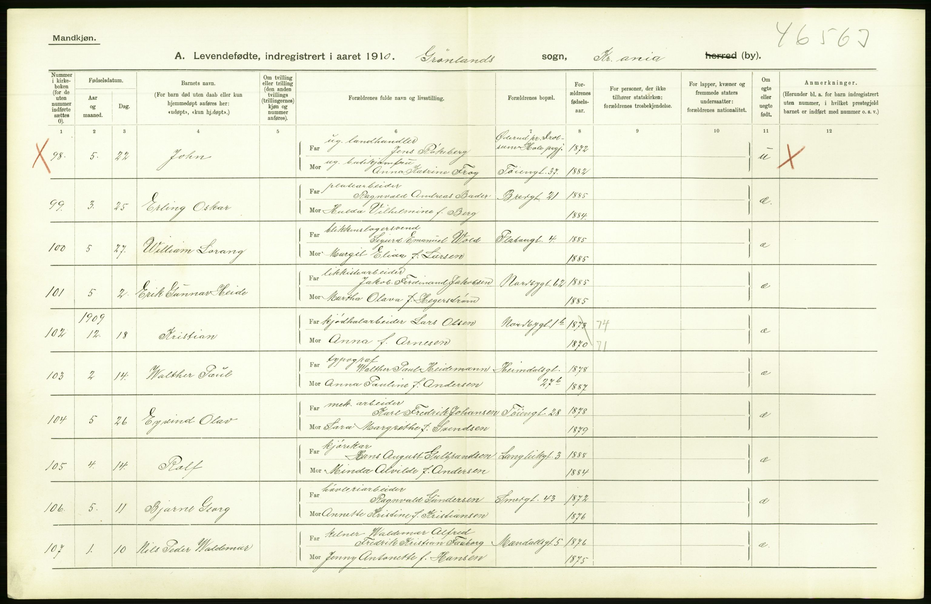 Statistisk sentralbyrå, Sosiodemografiske emner, Befolkning, AV/RA-S-2228/D/Df/Dfa/Dfah/L0006: Kristiania: Levendefødte menn., 1910, p. 700