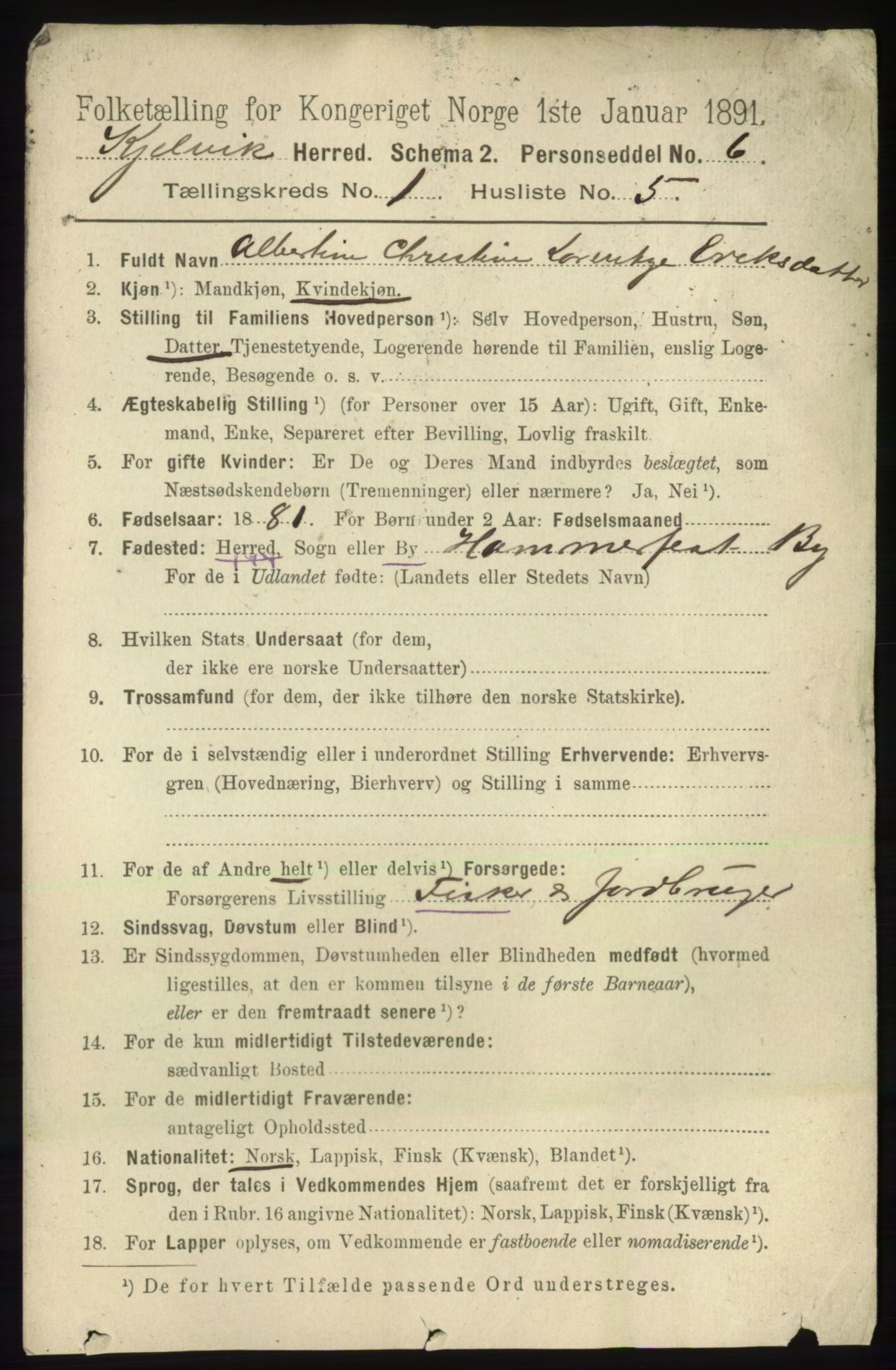 RA, 1891 census for 2019 Kjelvik, 1891, p. 64