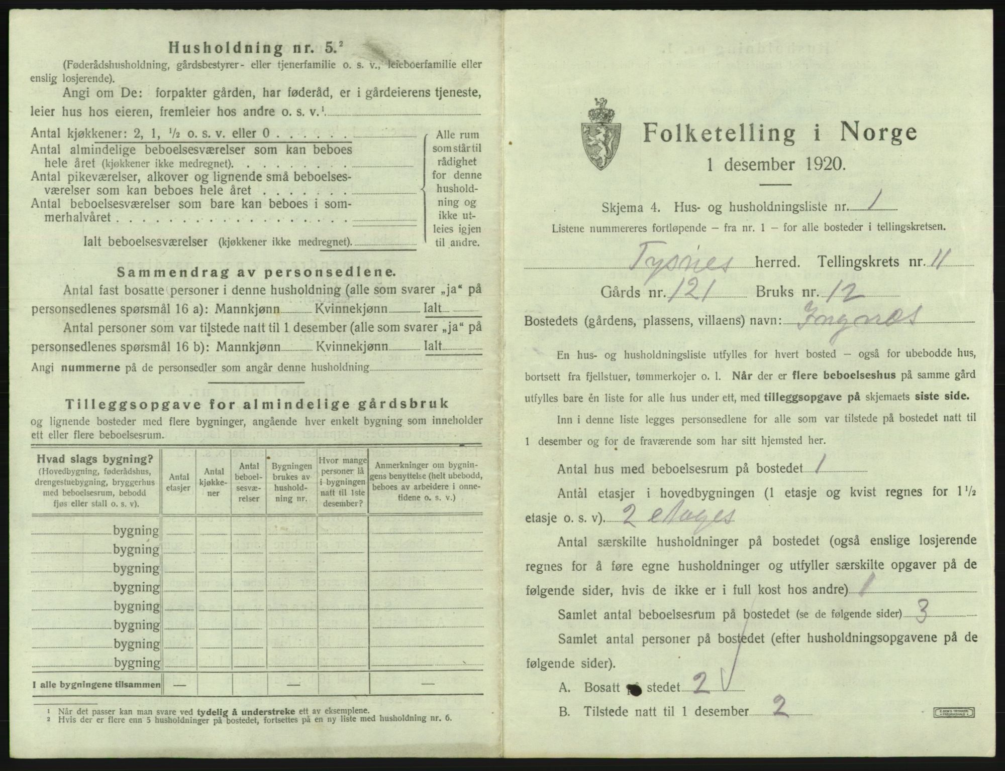 SAB, 1920 census for Tysnes, 1920, p. 1052