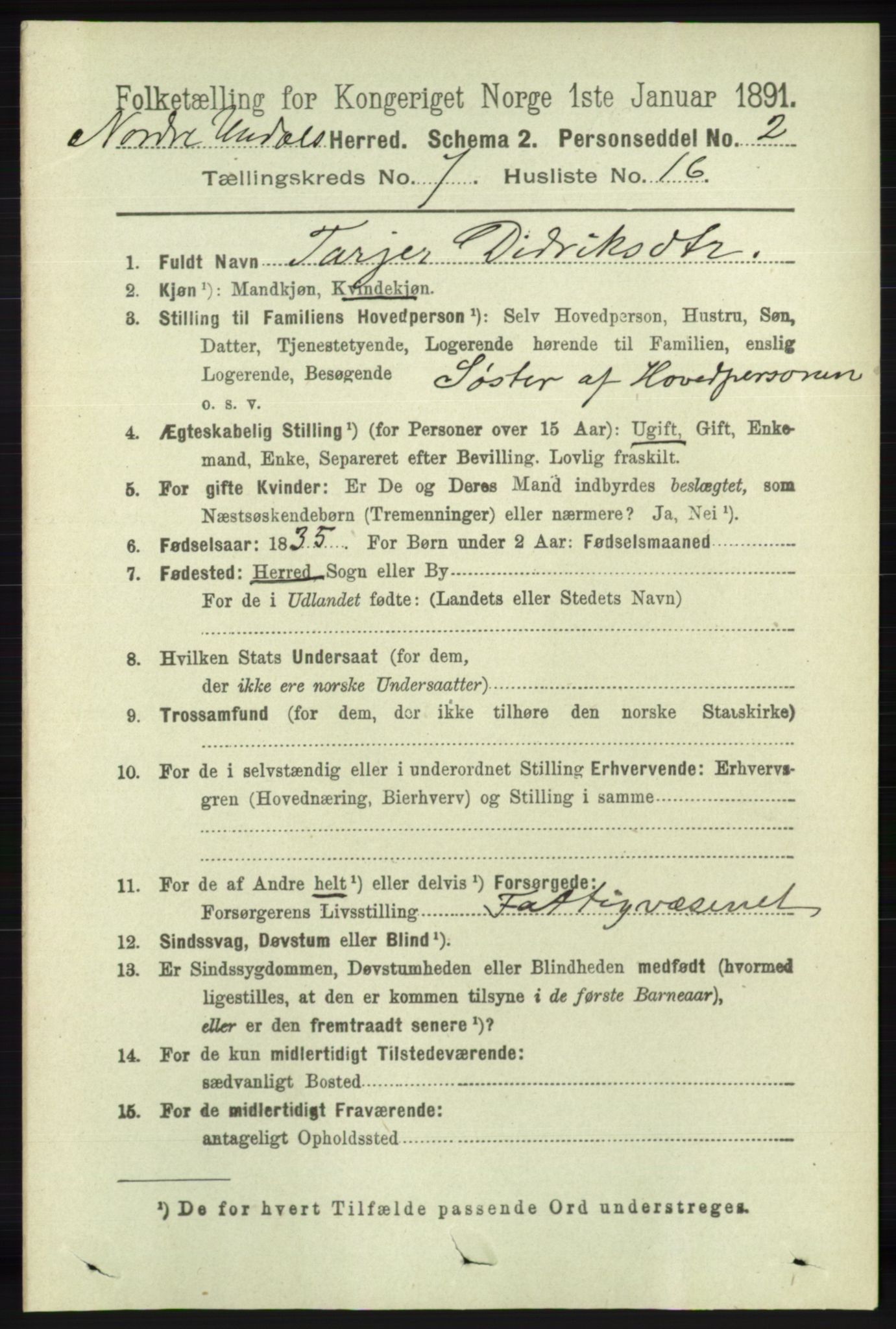 RA, 1891 census for 1028 Nord-Audnedal, 1891, p. 1883