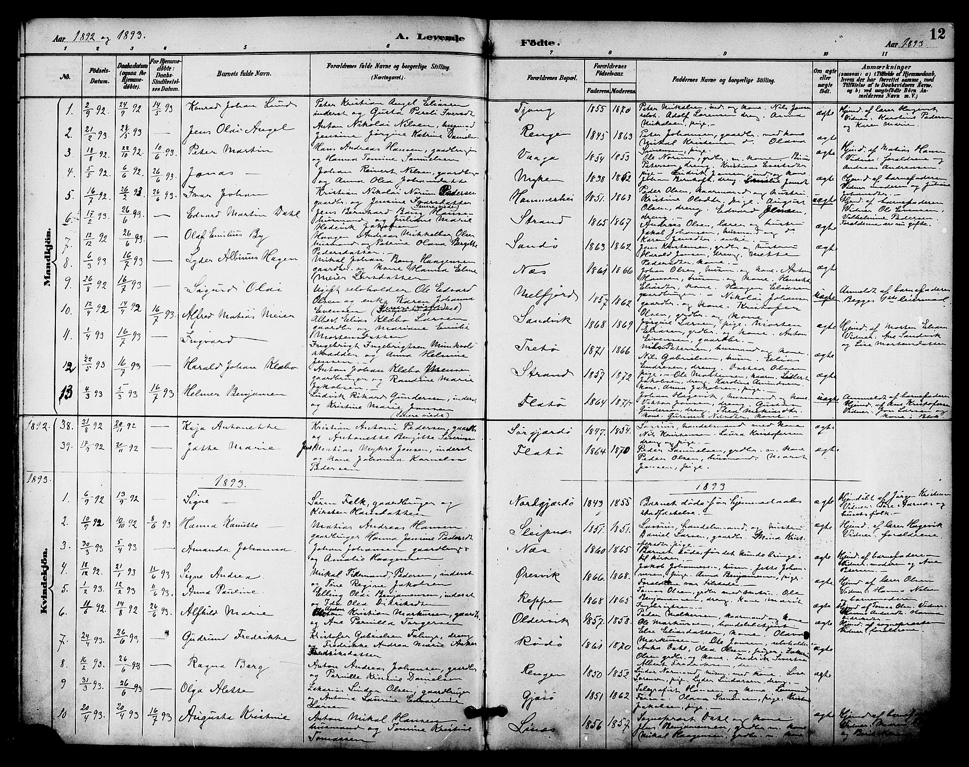 Ministerialprotokoller, klokkerbøker og fødselsregistre - Nordland, SAT/A-1459/841/L0610: Parish register (official) no. 841A14, 1890-1901, p. 12
