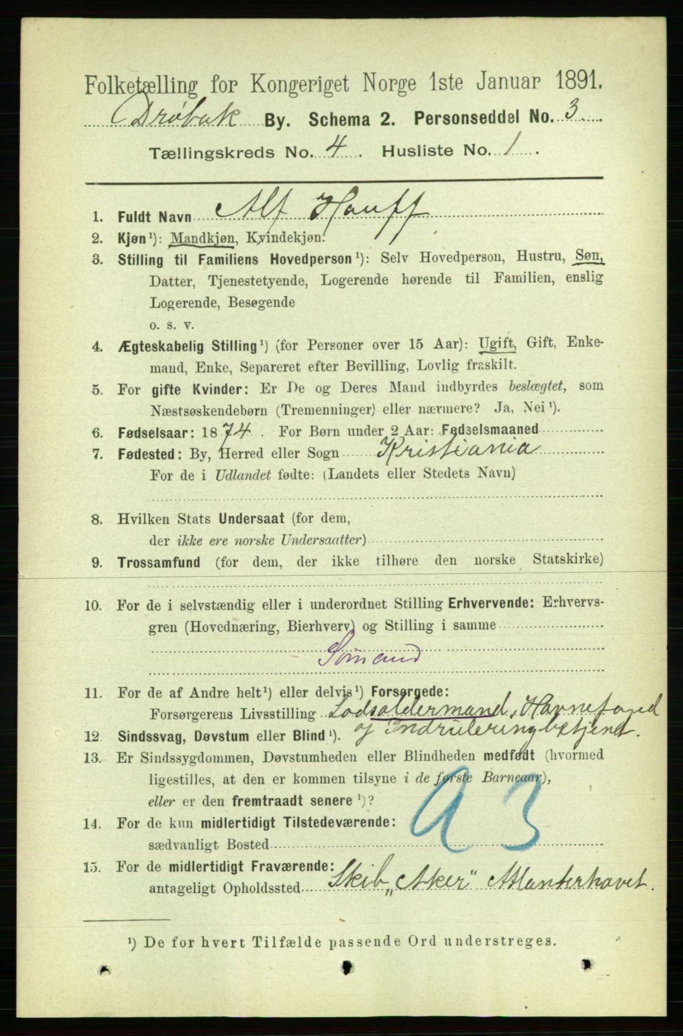 RA, 1891 census for 0203 Drøbak, 1891, p. 2526