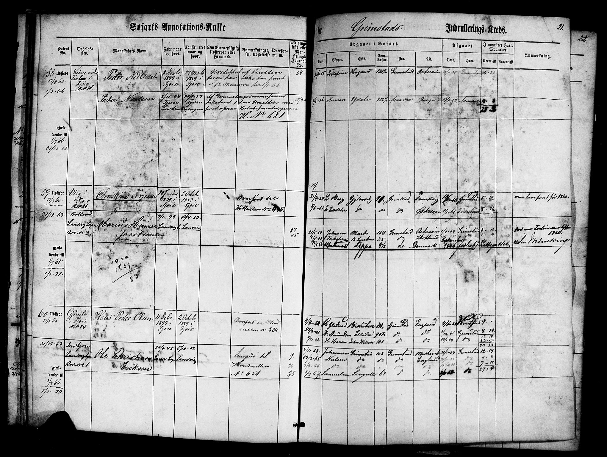 Grimstad mønstringskrets, AV/SAK-2031-0013/F/Fa/L0004: Annotasjonsrulle nr 1-435 med register, V-17, 1860-1867, p. 39