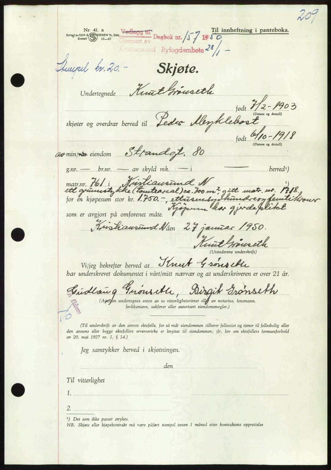 Kristiansund byfogd, AV/SAT-A-4587/A/27: Mortgage book no. 46, 1949-1950, Diary no: : 157/1950