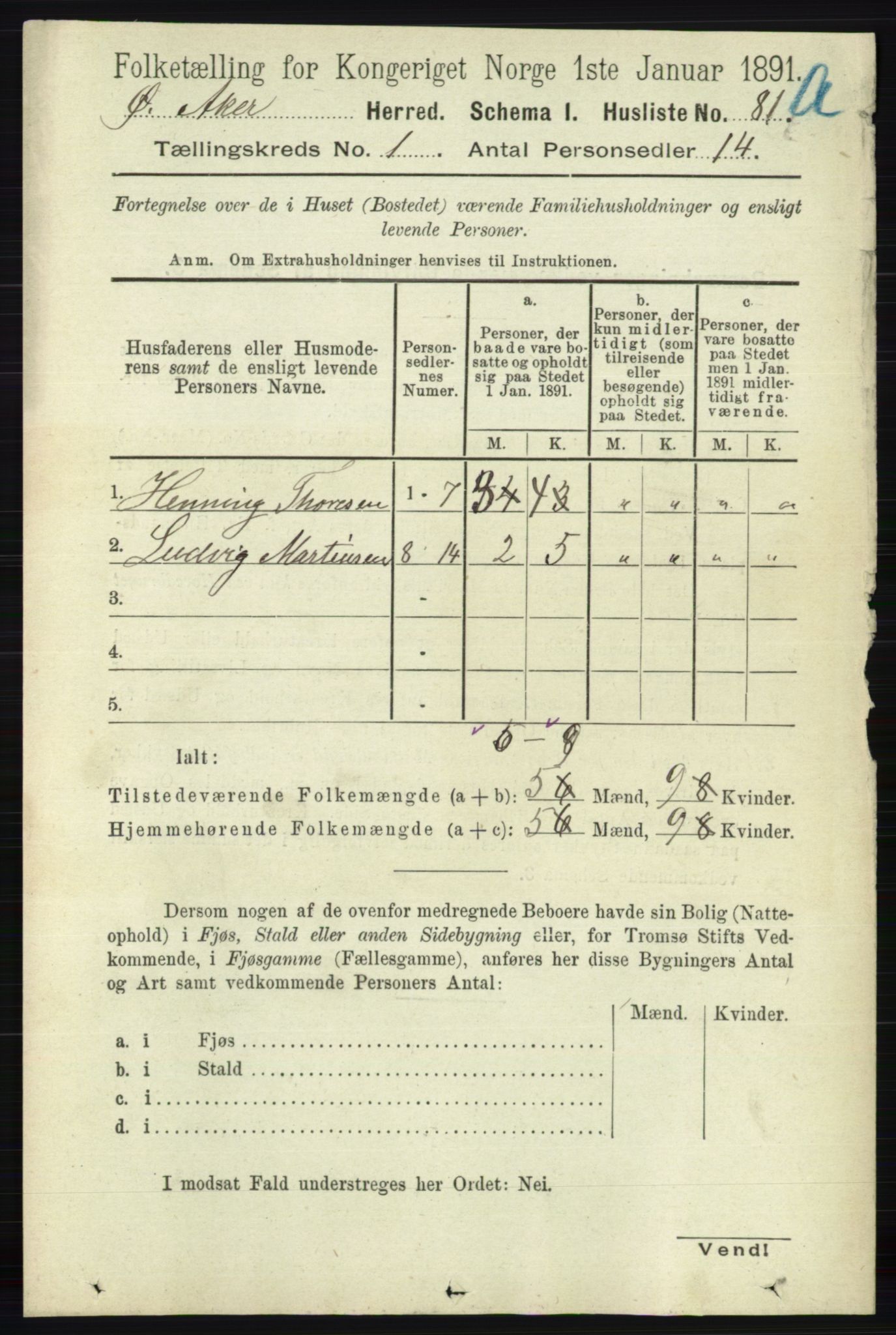 RA, 1891 census for 0218 Aker, 1891, p. 141