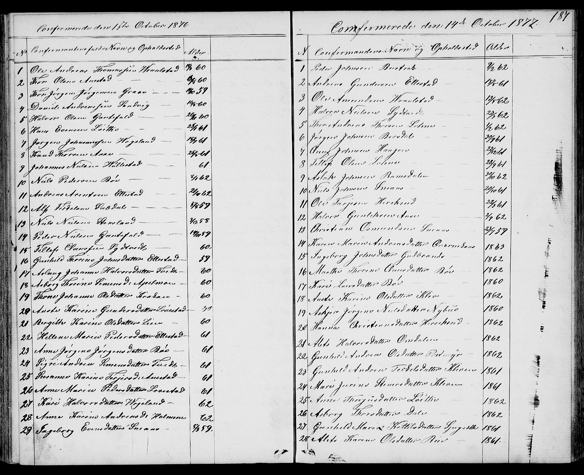 Drangedal kirkebøker, SAKO/A-258/G/Gb/L0001: Parish register (copy) no. II 1, 1856-1894, p. 187