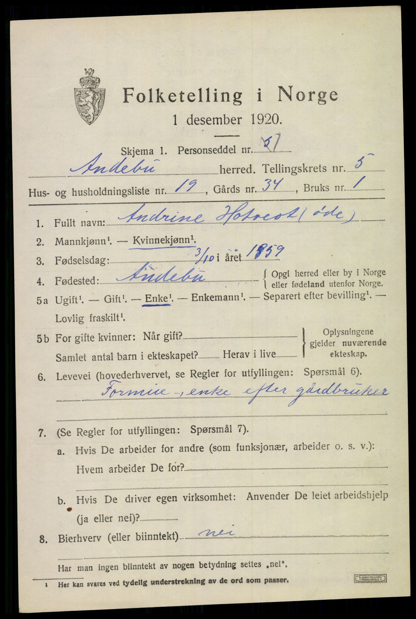 SAKO, 1920 census for Andebu, 1920, p. 2808