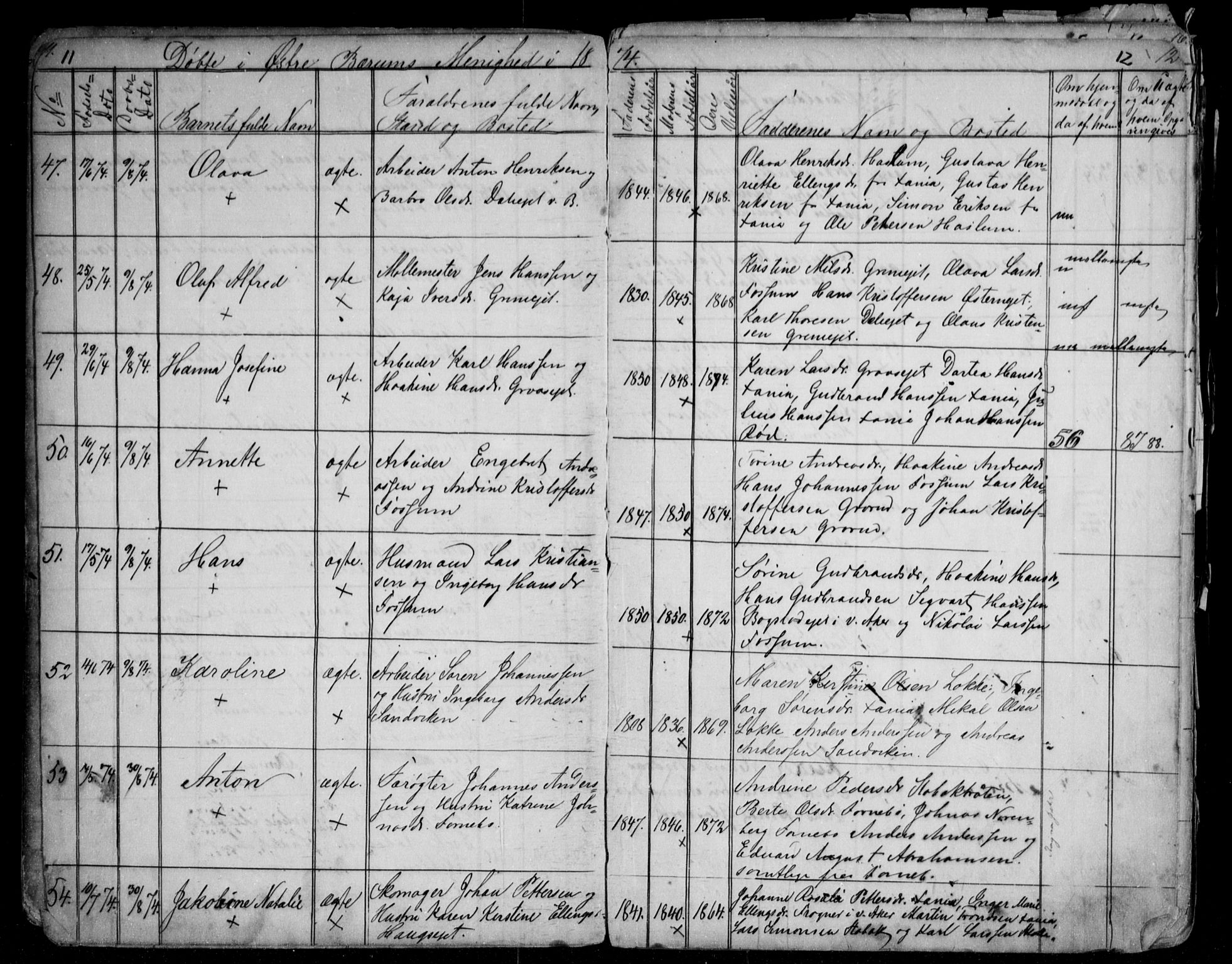 Asker prestekontor Kirkebøker, AV/SAO-A-10256a/G/Gc/L0002: Parish register (copy) no. III 2, 1874-1883, p. 11-12