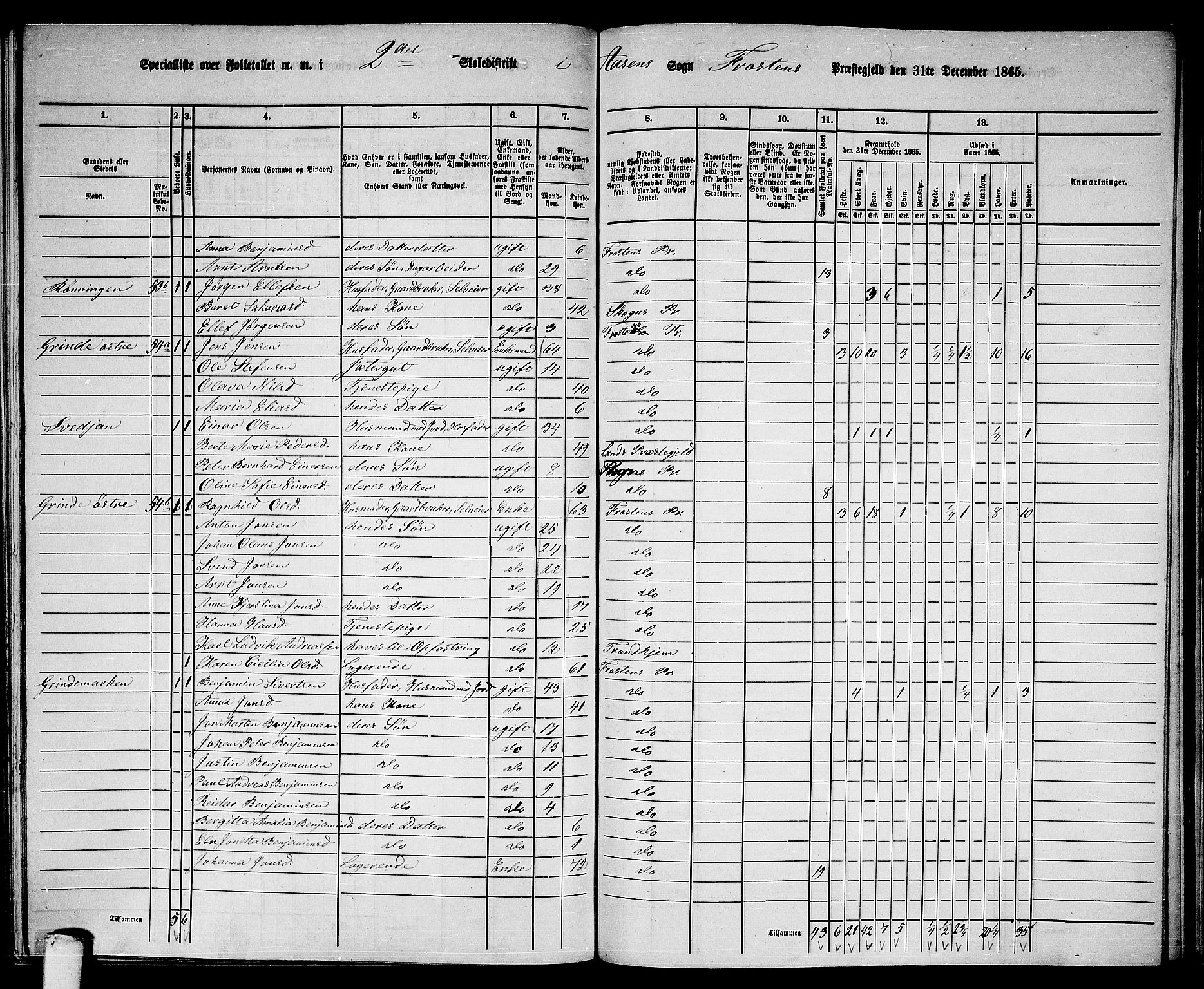 RA, 1865 census for Frosta, 1865, p. 164