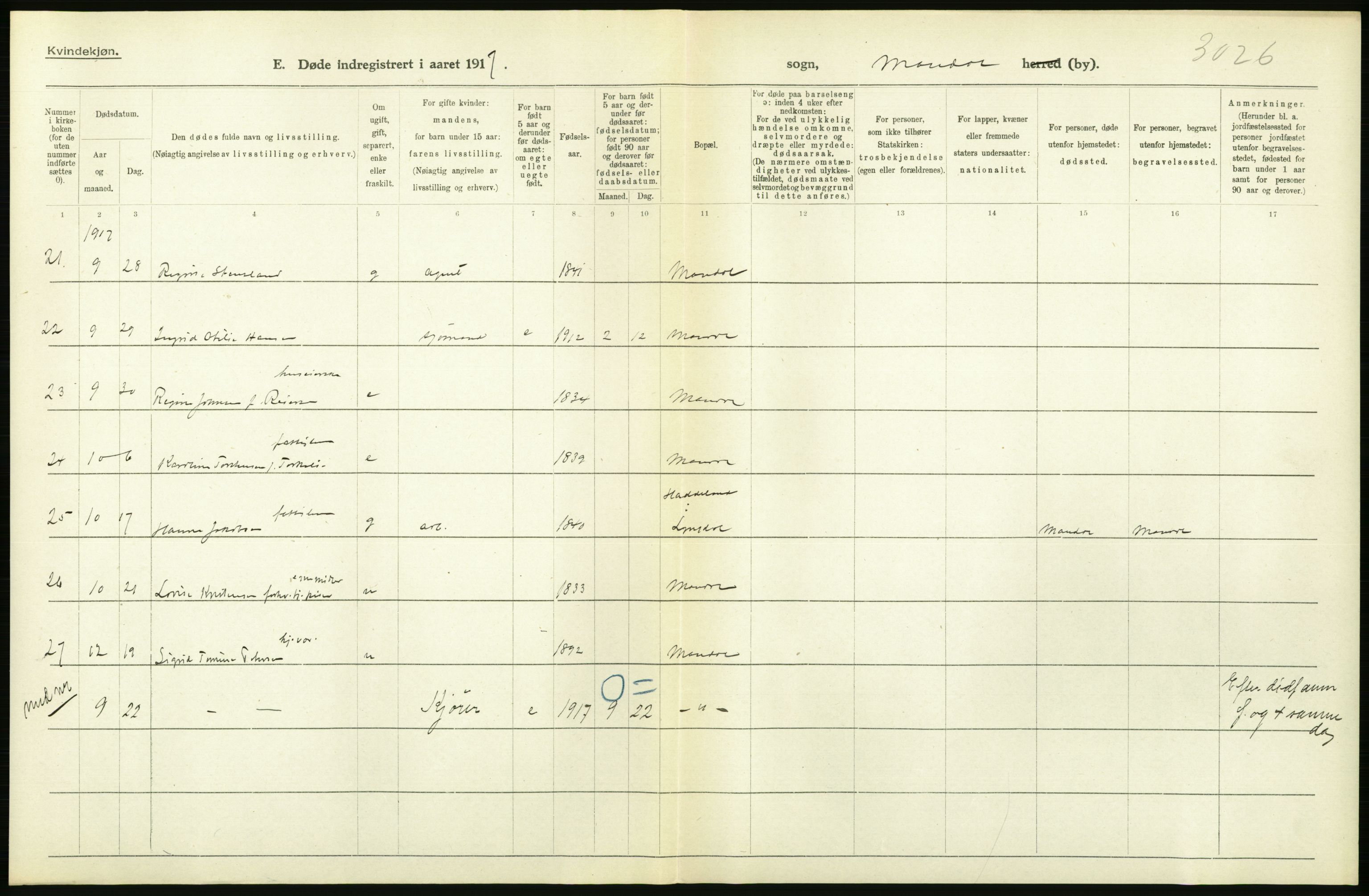 Statistisk sentralbyrå, Sosiodemografiske emner, Befolkning, AV/RA-S-2228/D/Df/Dfb/Dfbg/L0030: Lister og Mandals amt: Gifte, døde, dødfødte. Bygder og byer., 1917, p. 316