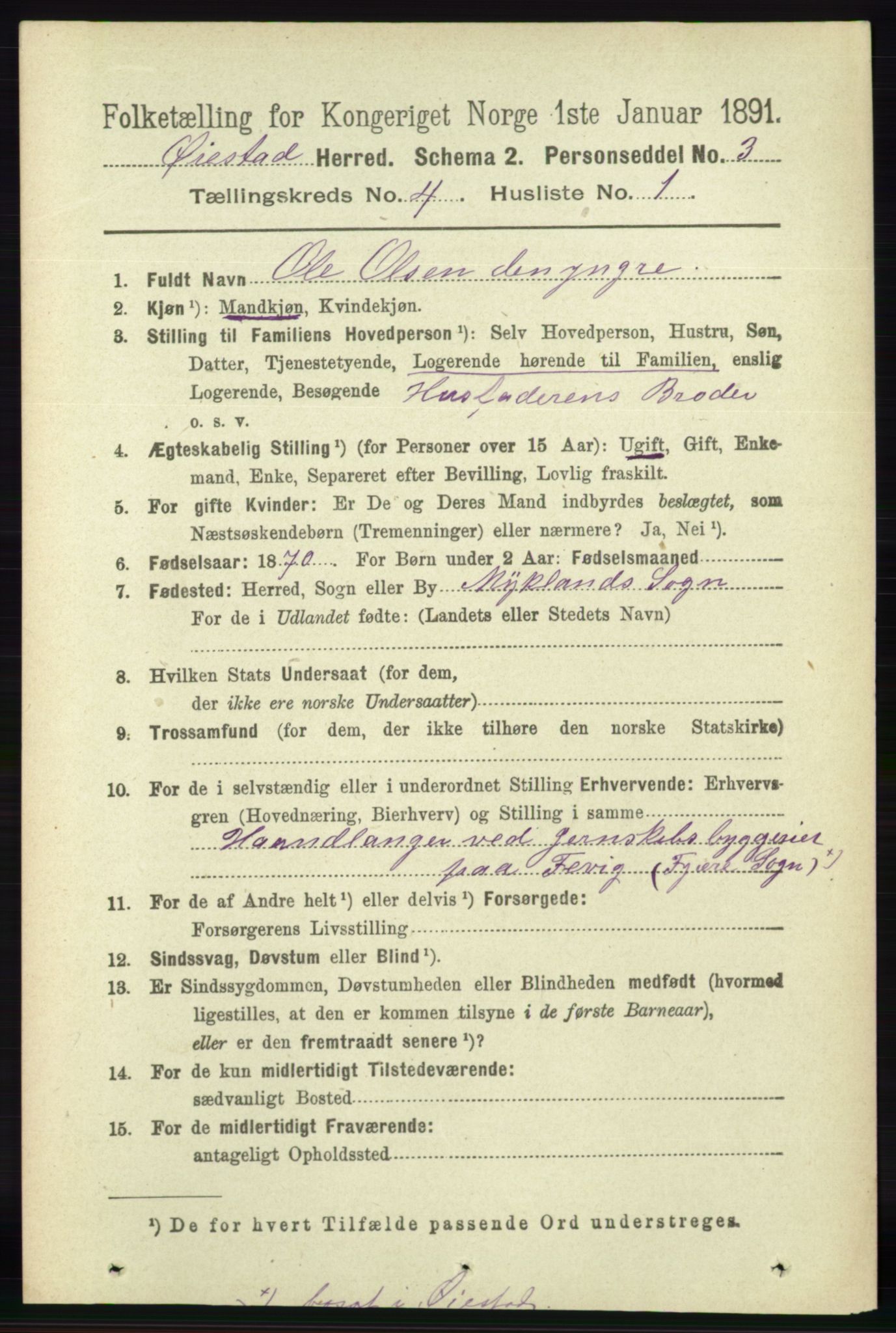 RA, 1891 census for 0920 Øyestad, 1891, p. 1394