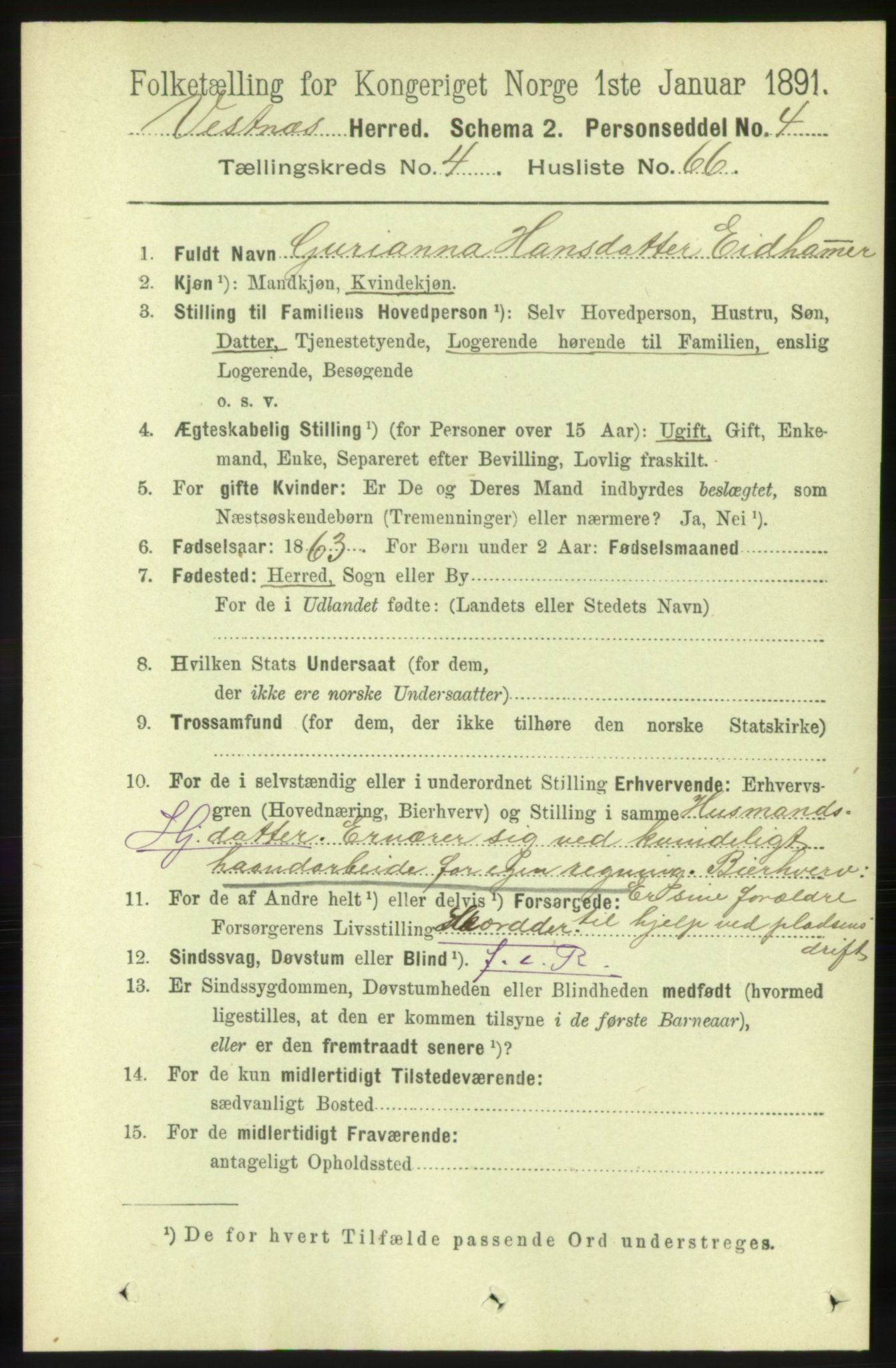 RA, 1891 census for 1535 Vestnes, 1891, p. 1664