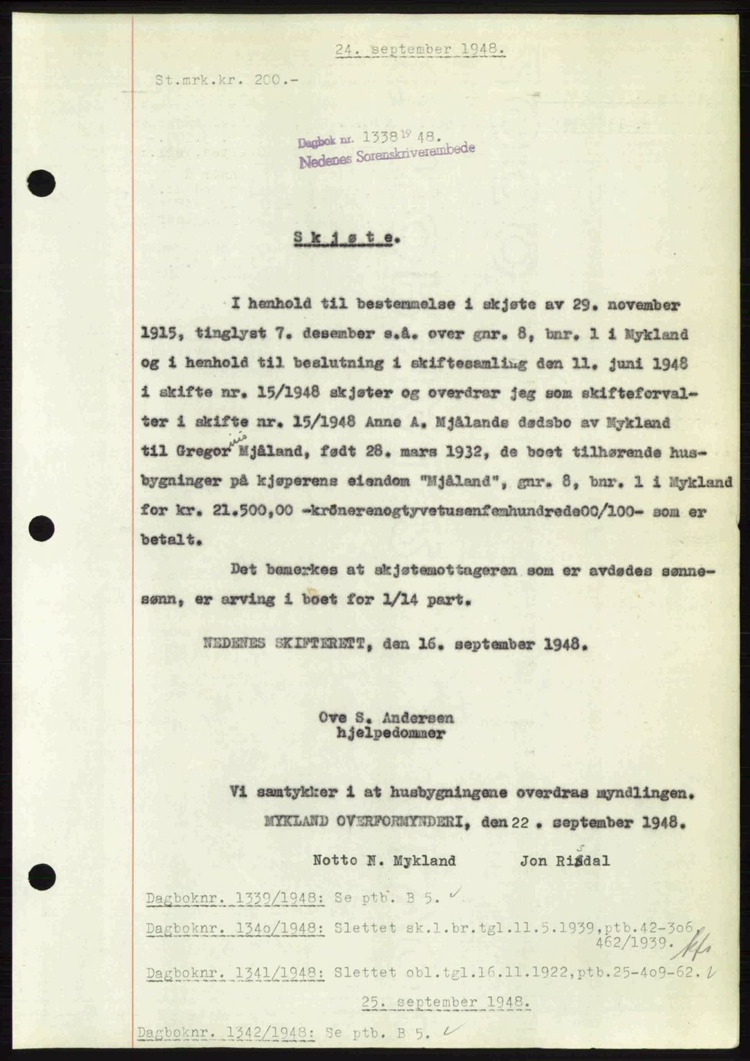Nedenes sorenskriveri, SAK/1221-0006/G/Gb/Gba/L0059: Mortgage book no. A11, 1948-1948, Diary no: : 1338/1948