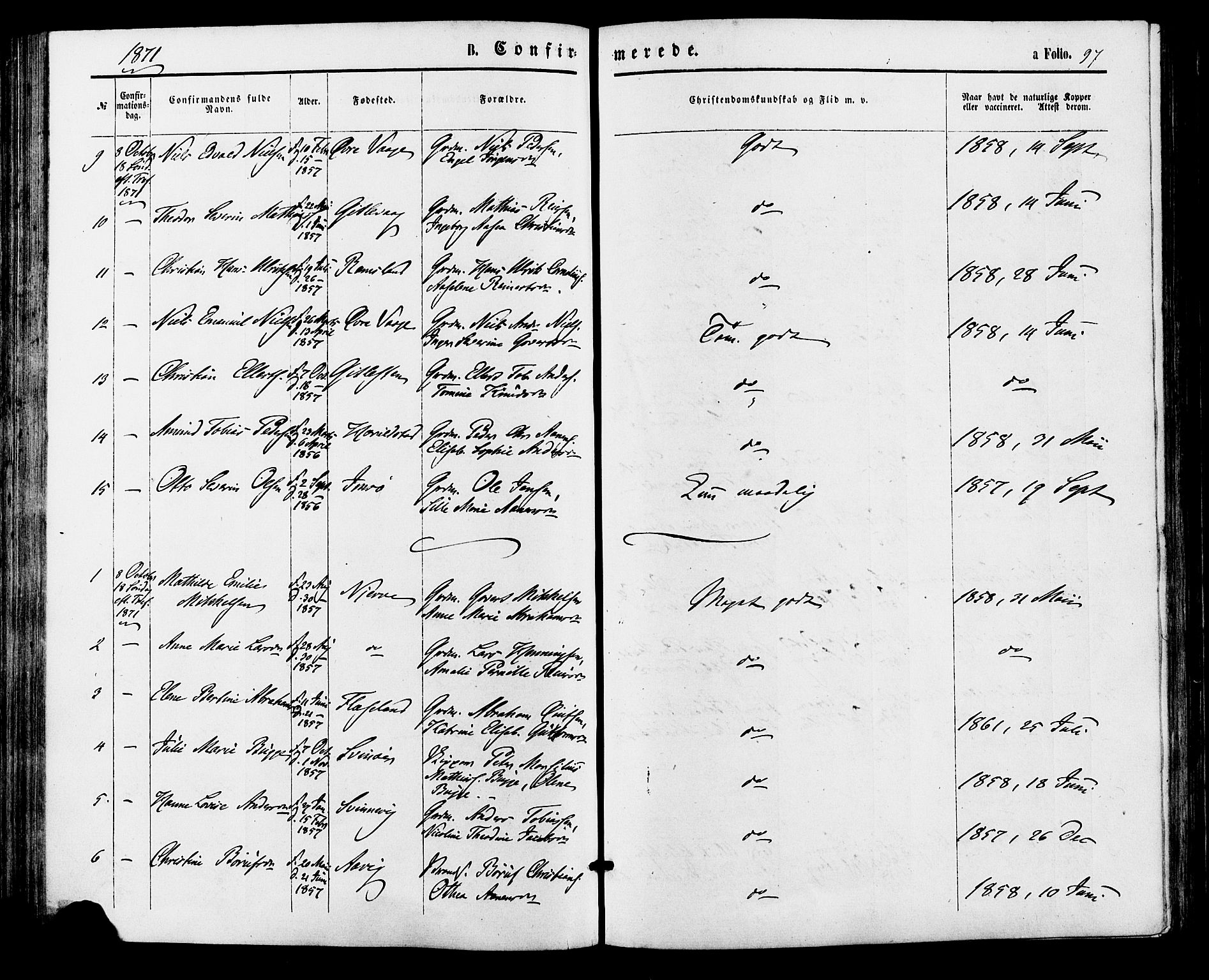 Sør-Audnedal sokneprestkontor, AV/SAK-1111-0039/F/Fa/Faa/L0003: Parish register (official) no. A 3, 1868-1883, p. 97