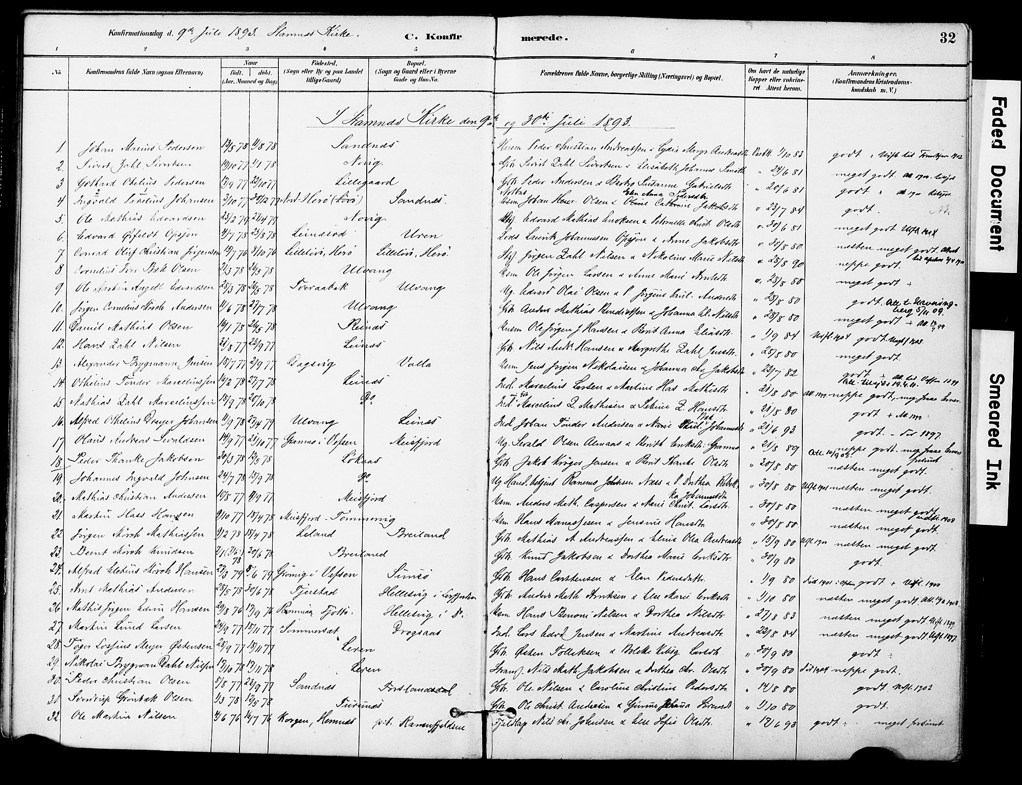 Ministerialprotokoller, klokkerbøker og fødselsregistre - Nordland, AV/SAT-A-1459/830/L0450: Parish register (official) no. 830A14, 1879-1896, p. 32