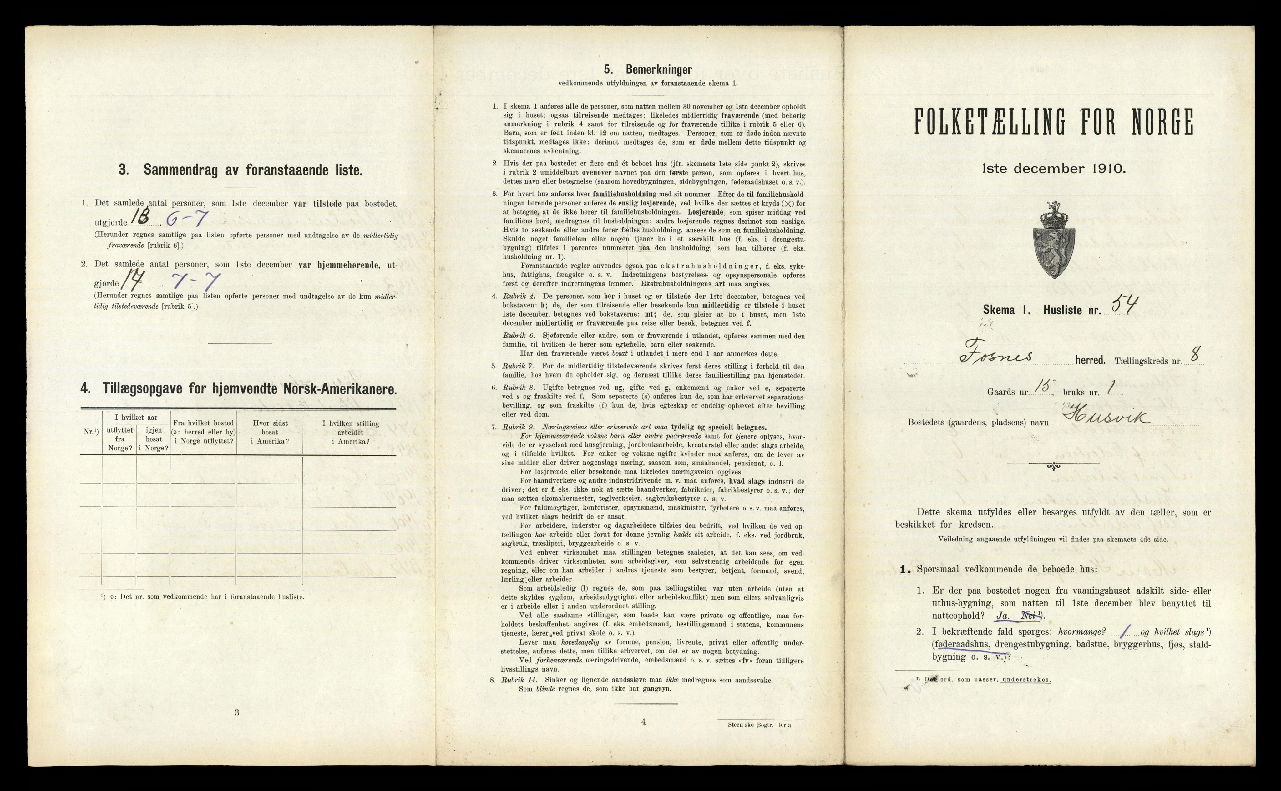 RA, 1910 census for Fosnes, 1910, p. 615