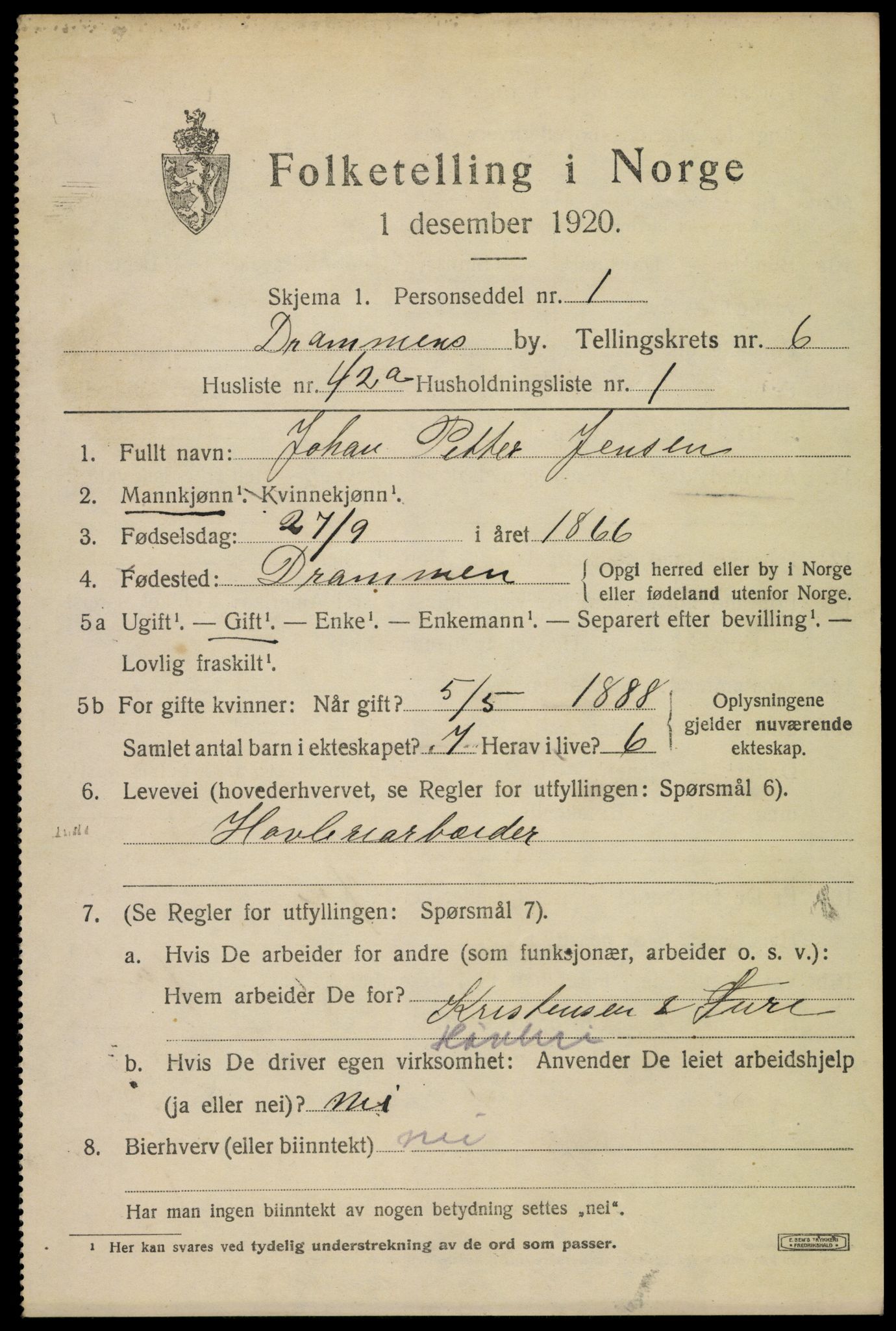 SAKO, 1920 census for Drammen, 1920, p. 41843