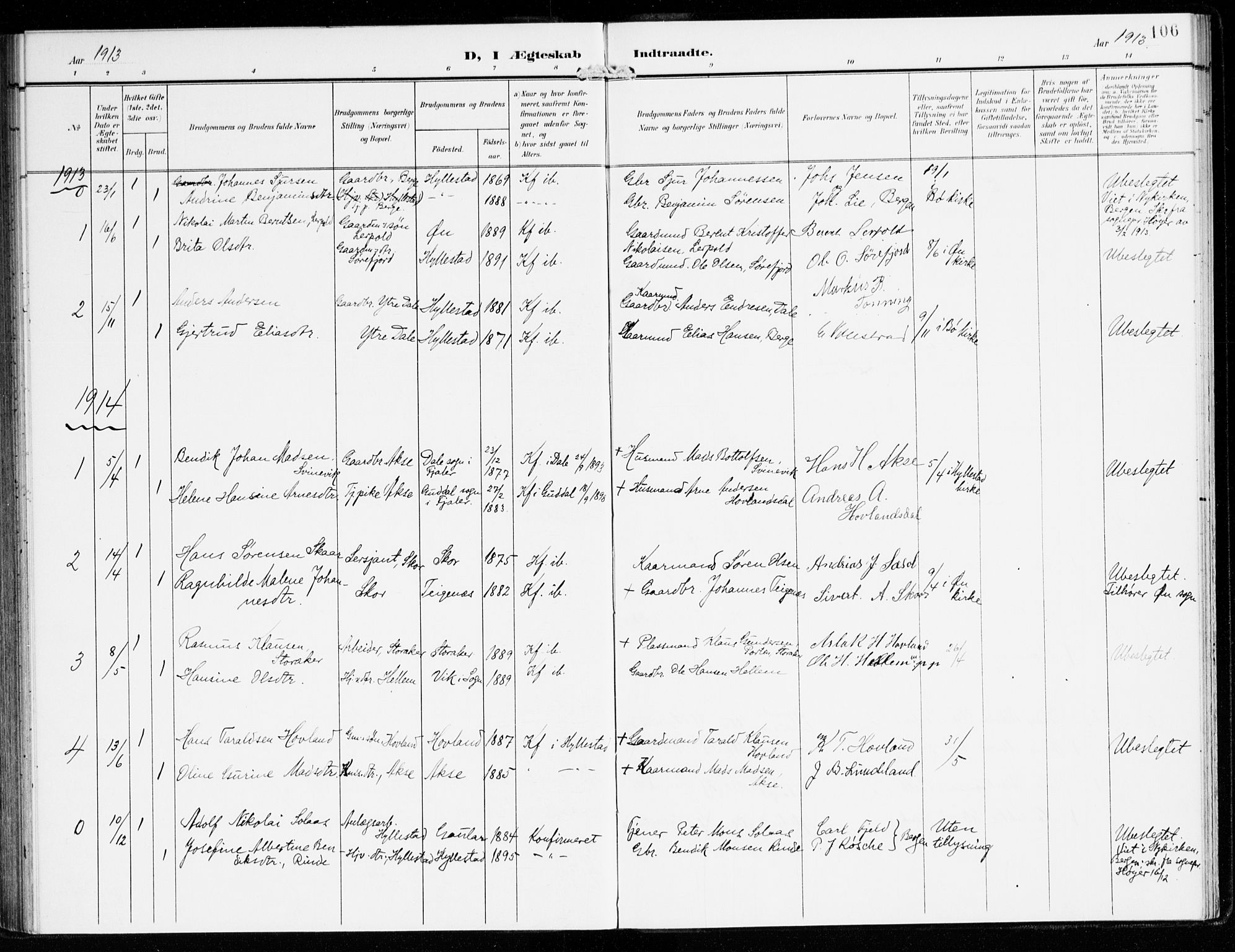 Hyllestad sokneprestembete, SAB/A-80401: Parish register (official) no. B 2, 1903-1917, p. 106