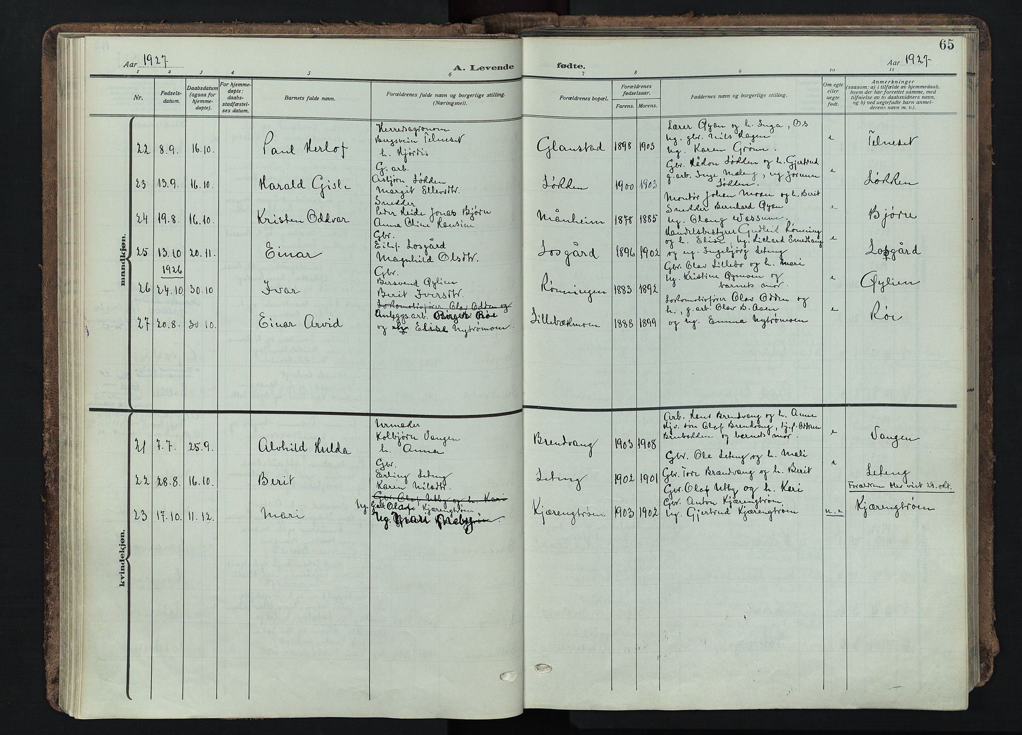 Tynset prestekontor, SAH/PREST-058/H/Ha/Haa/L0026: Parish register (official) no. 26, 1915-1929, p. 65