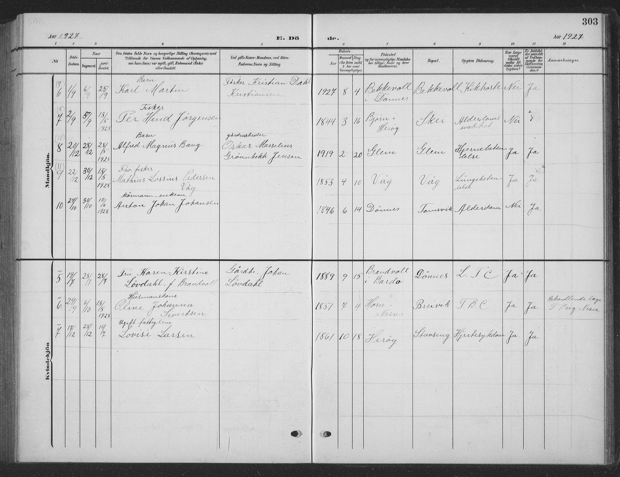 Ministerialprotokoller, klokkerbøker og fødselsregistre - Nordland, AV/SAT-A-1459/835/L0533: Parish register (copy) no. 835C05, 1906-1939, p. 303