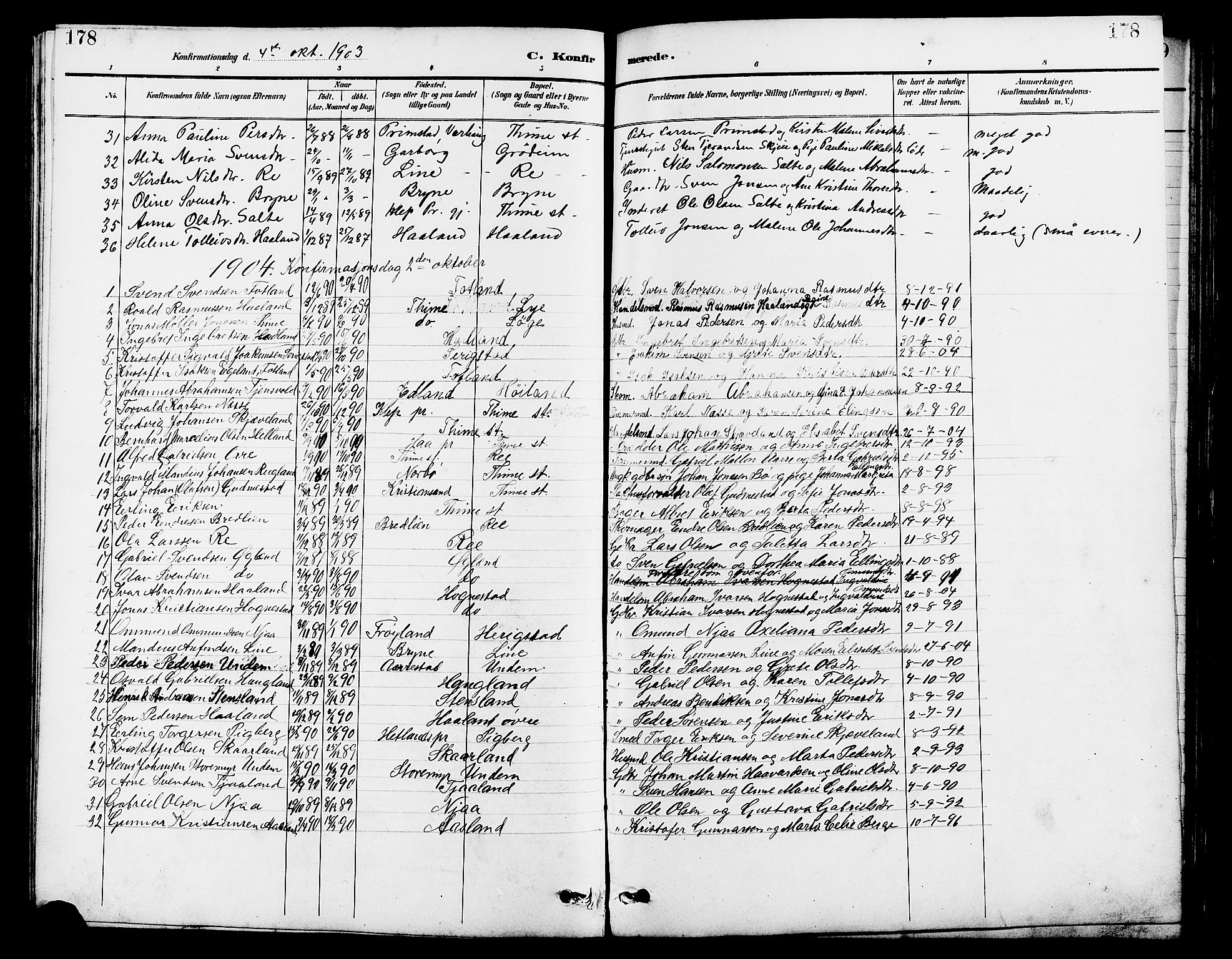 Lye sokneprestkontor, AV/SAST-A-101794/001/30BB/L0007: Parish register (copy) no. B 8, 1889-1909, p. 178