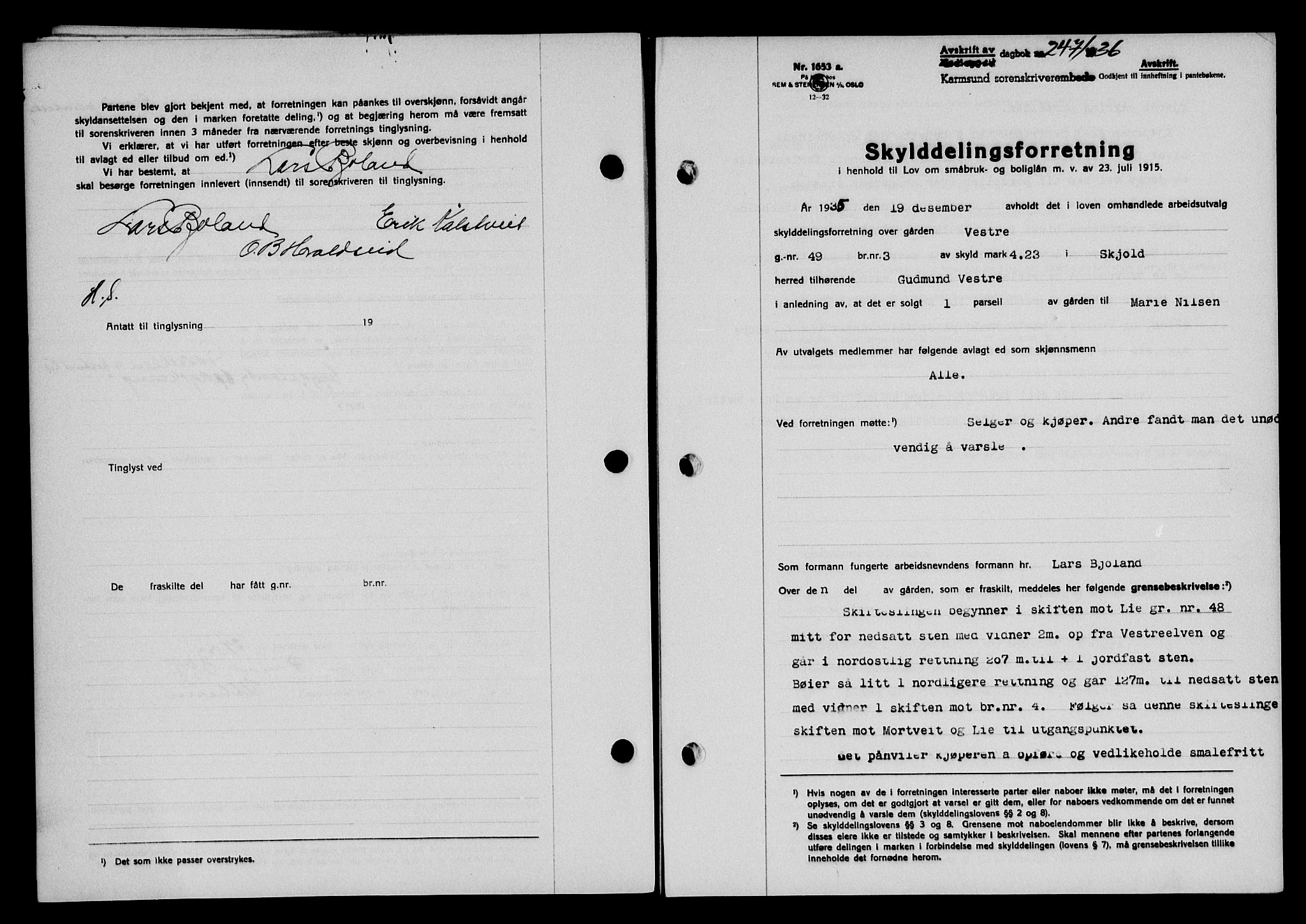 Karmsund sorenskriveri, SAST/A-100311/01/II/IIB/L0066: Mortgage book no. 47A, 1936-1936, Diary no: : 247/1936