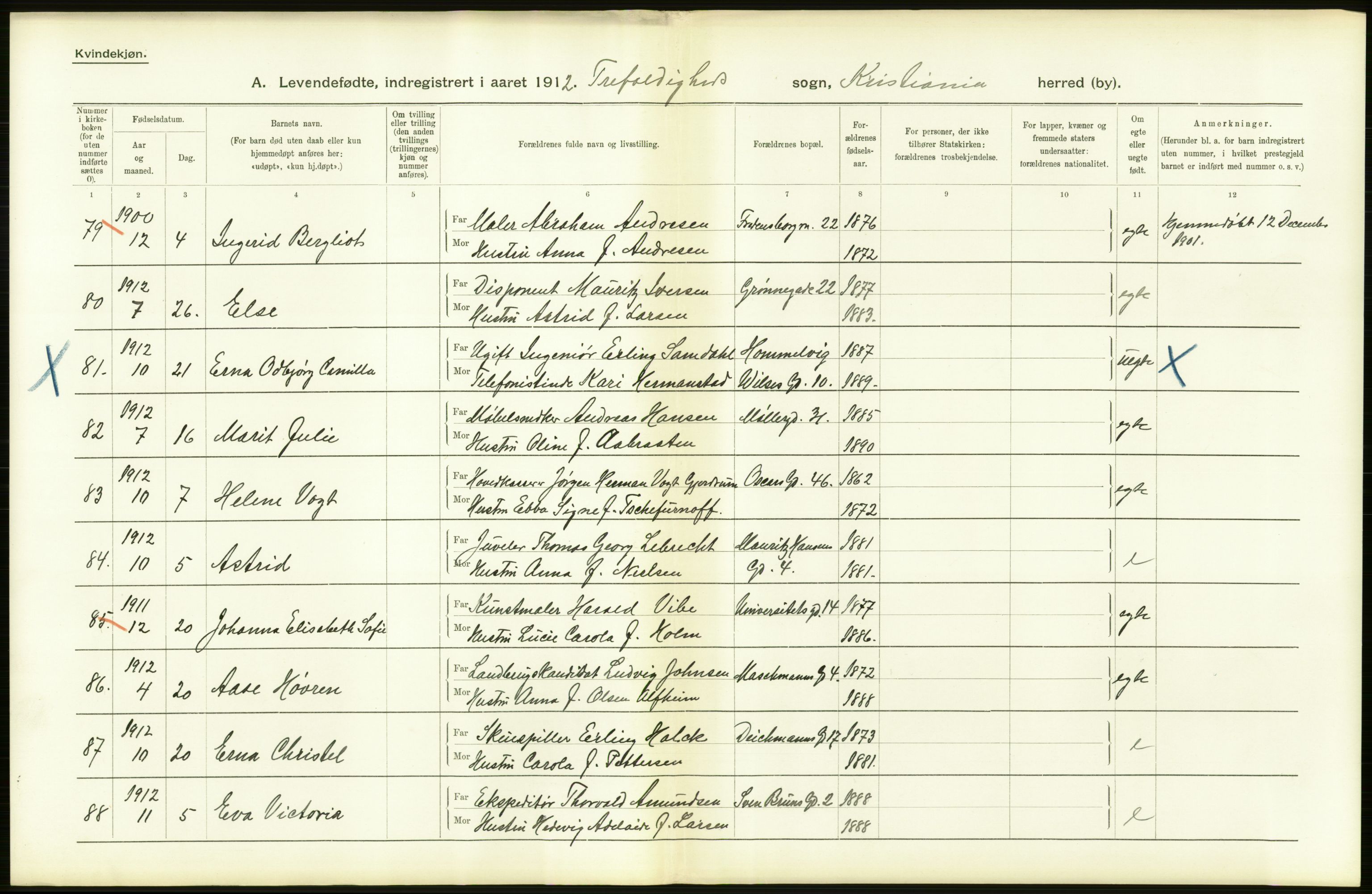 Statistisk sentralbyrå, Sosiodemografiske emner, Befolkning, RA/S-2228/D/Df/Dfb/Dfbb/L0007: Kristiania:  Levendefødte menn og kvinner., 1912, p. 720