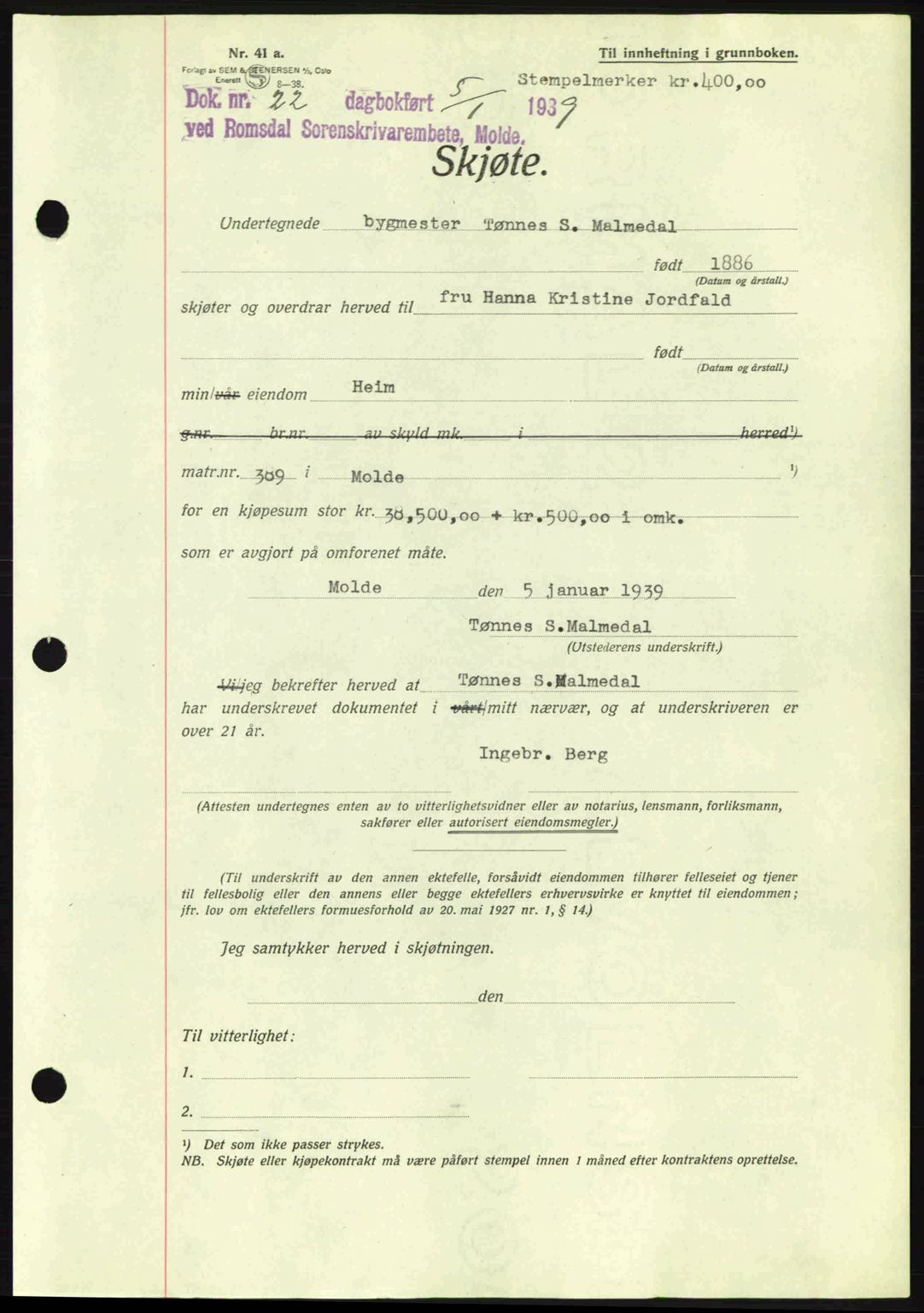 Romsdal sorenskriveri, AV/SAT-A-4149/1/2/2C: Mortgage book no. A6, 1938-1939, Diary no: : 22/1939