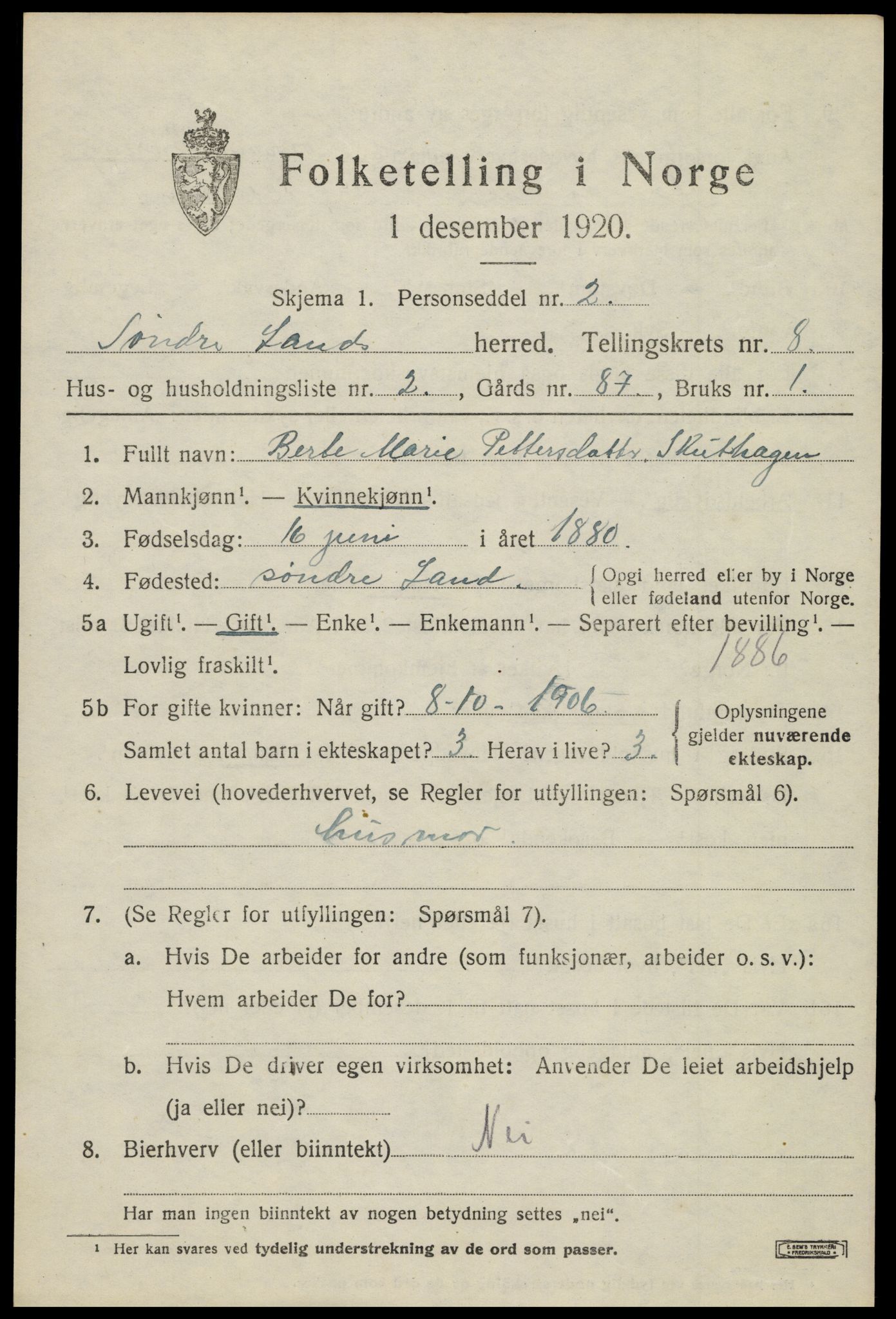 SAH, 1920 census for Søndre Land, 1920, p. 7605