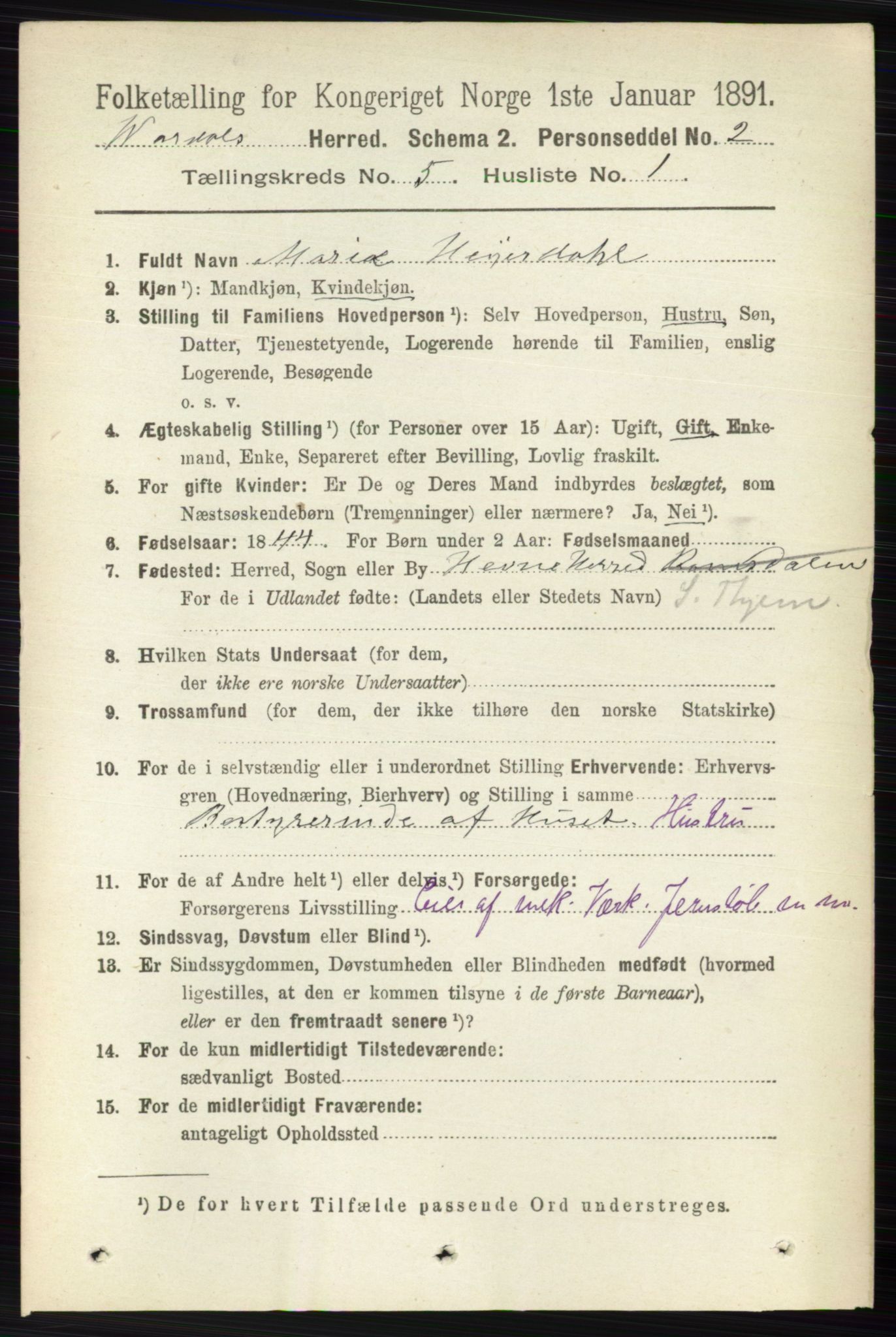 RA, 1891 census for 0527 Vardal, 1891, p. 2160