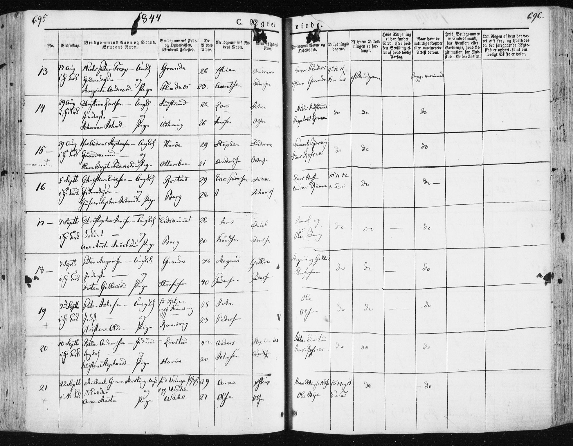 Ministerialprotokoller, klokkerbøker og fødselsregistre - Sør-Trøndelag, SAT/A-1456/659/L0736: Parish register (official) no. 659A06, 1842-1856, p. 695-696