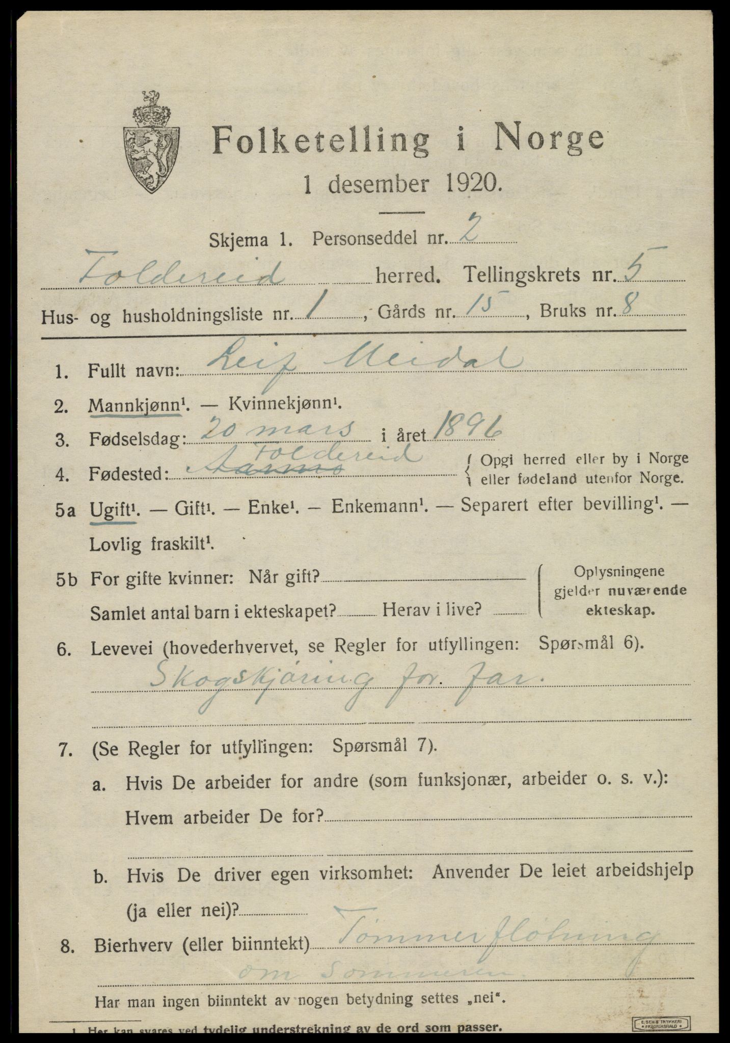 SAT, 1920 census for Foldereid, 1920, p. 1986