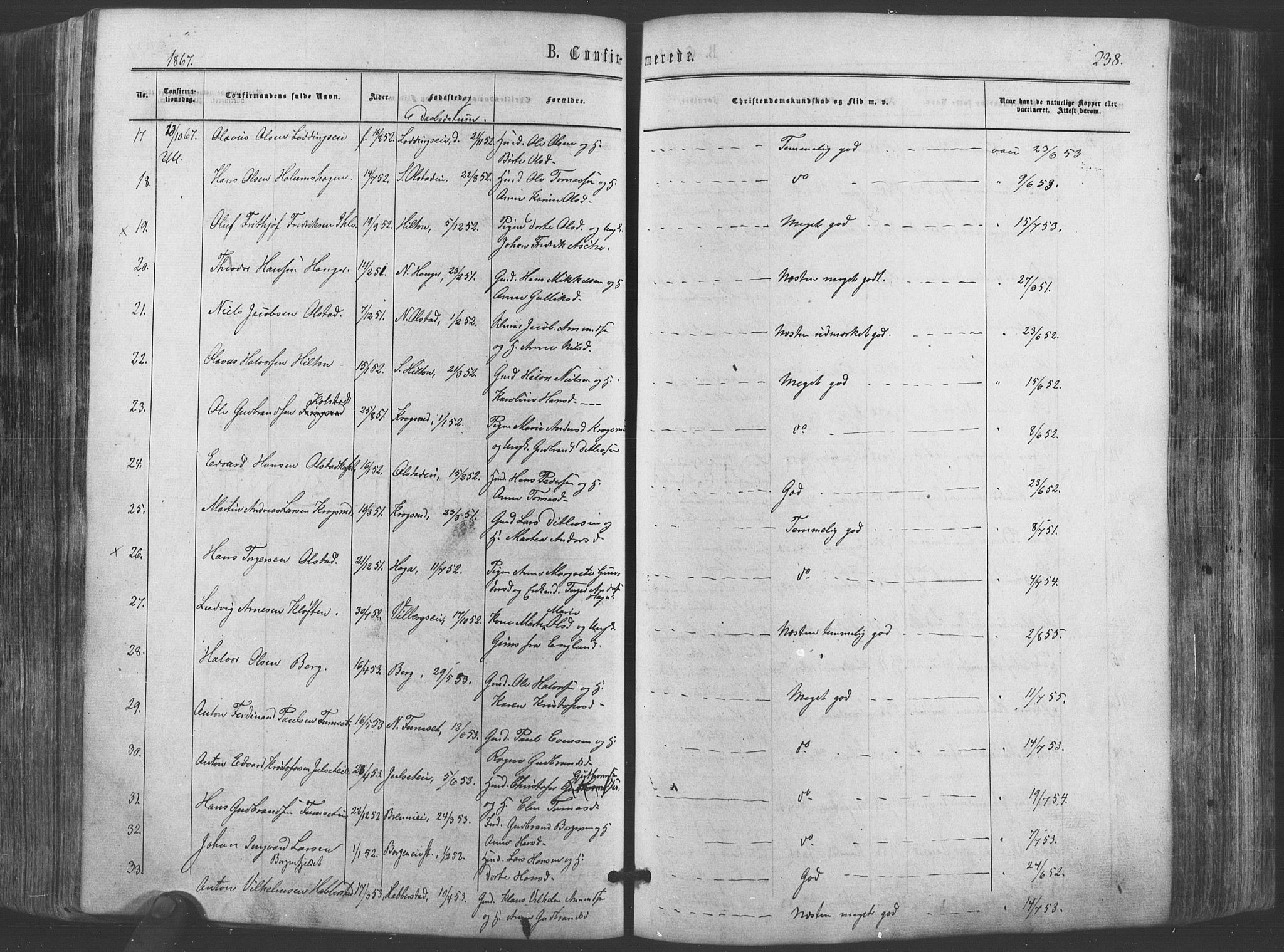 Ullensaker prestekontor Kirkebøker, AV/SAO-A-10236a/F/Fa/L0016: Parish register (official) no. I 16, 1863-1875, p. 238