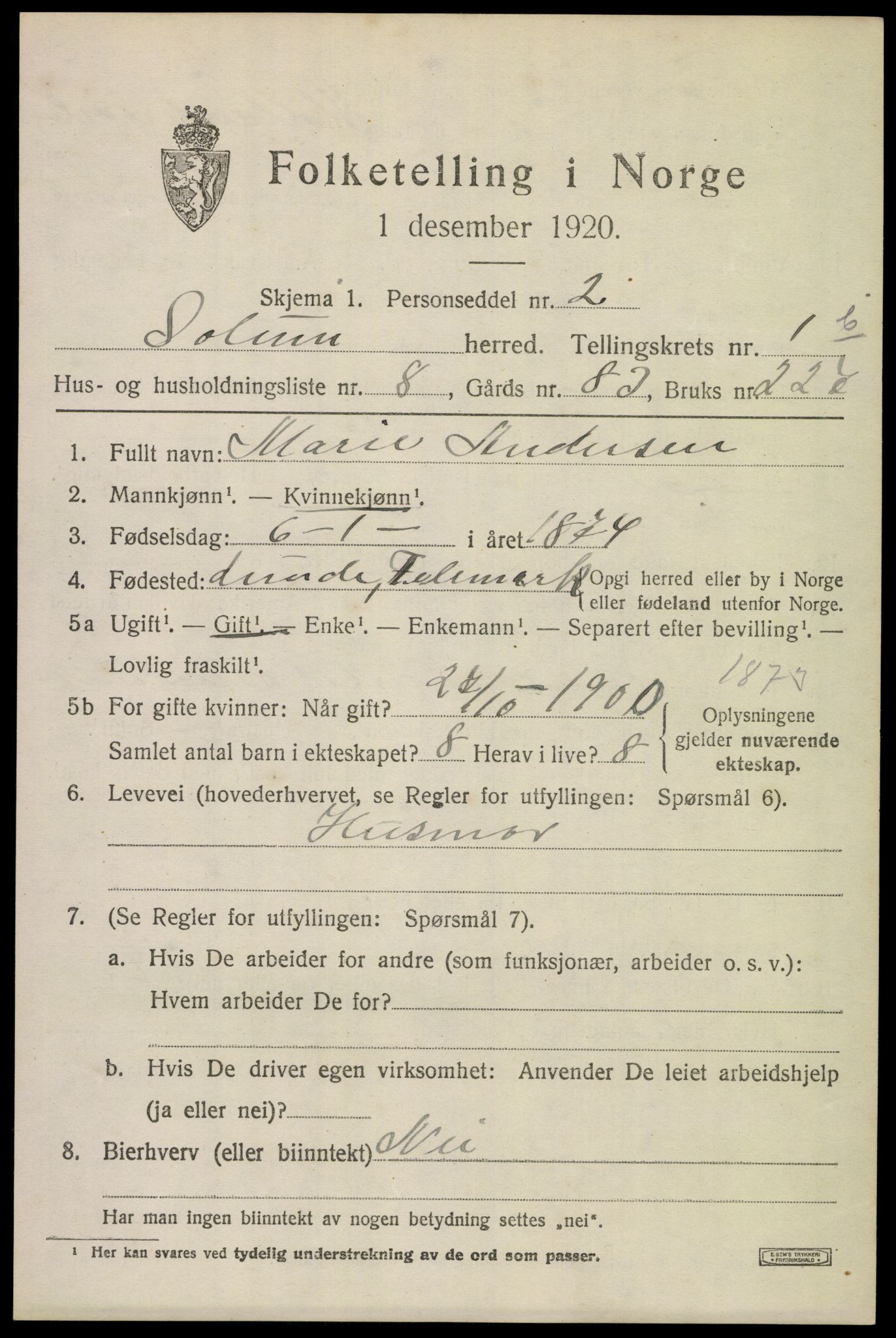SAKO, 1920 census for Solum, 1920, p. 4216