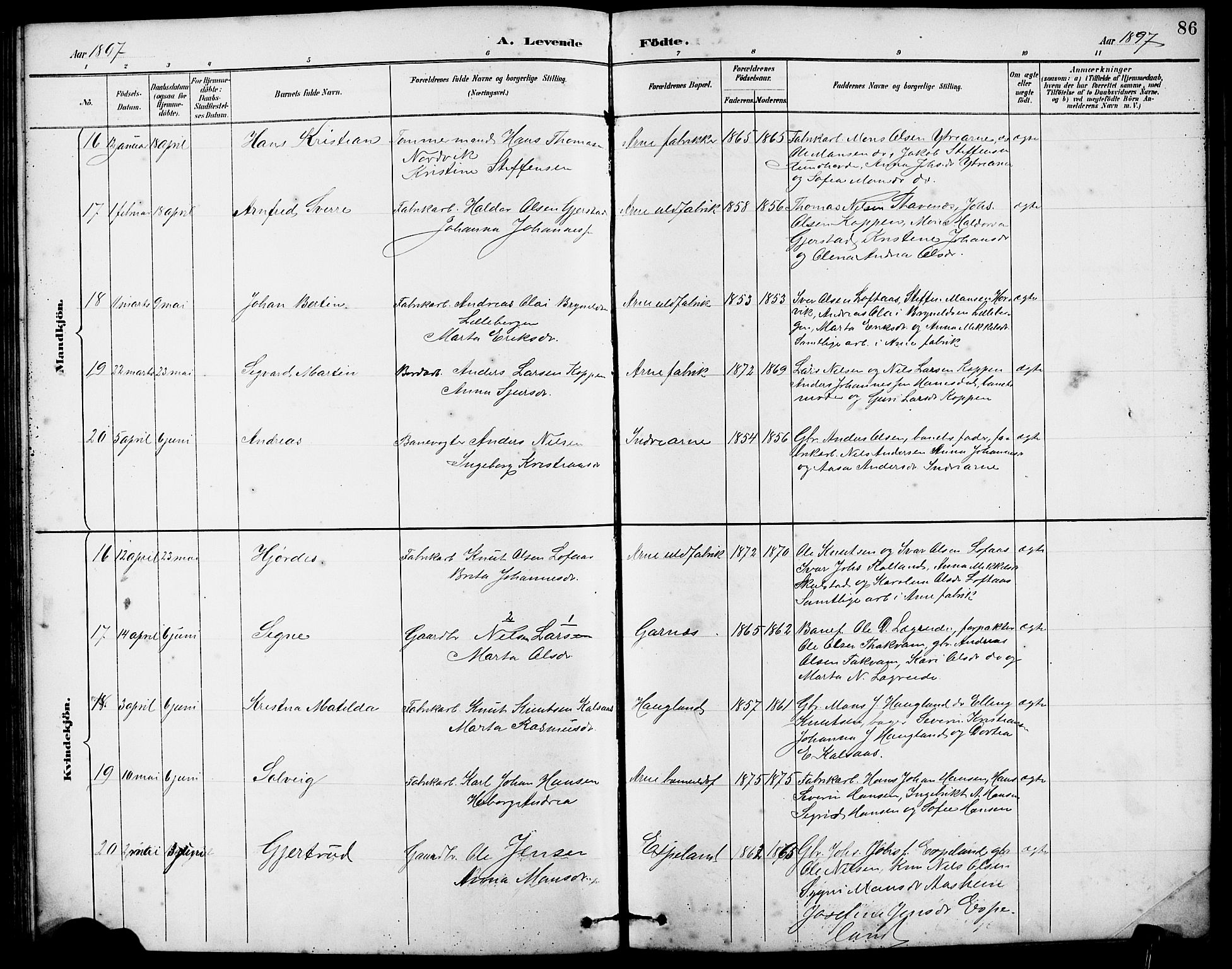 Arna sokneprestembete, AV/SAB-A-74001/H/Ha/Hab: Parish register (copy) no. A 3, 1887-1897, p. 86