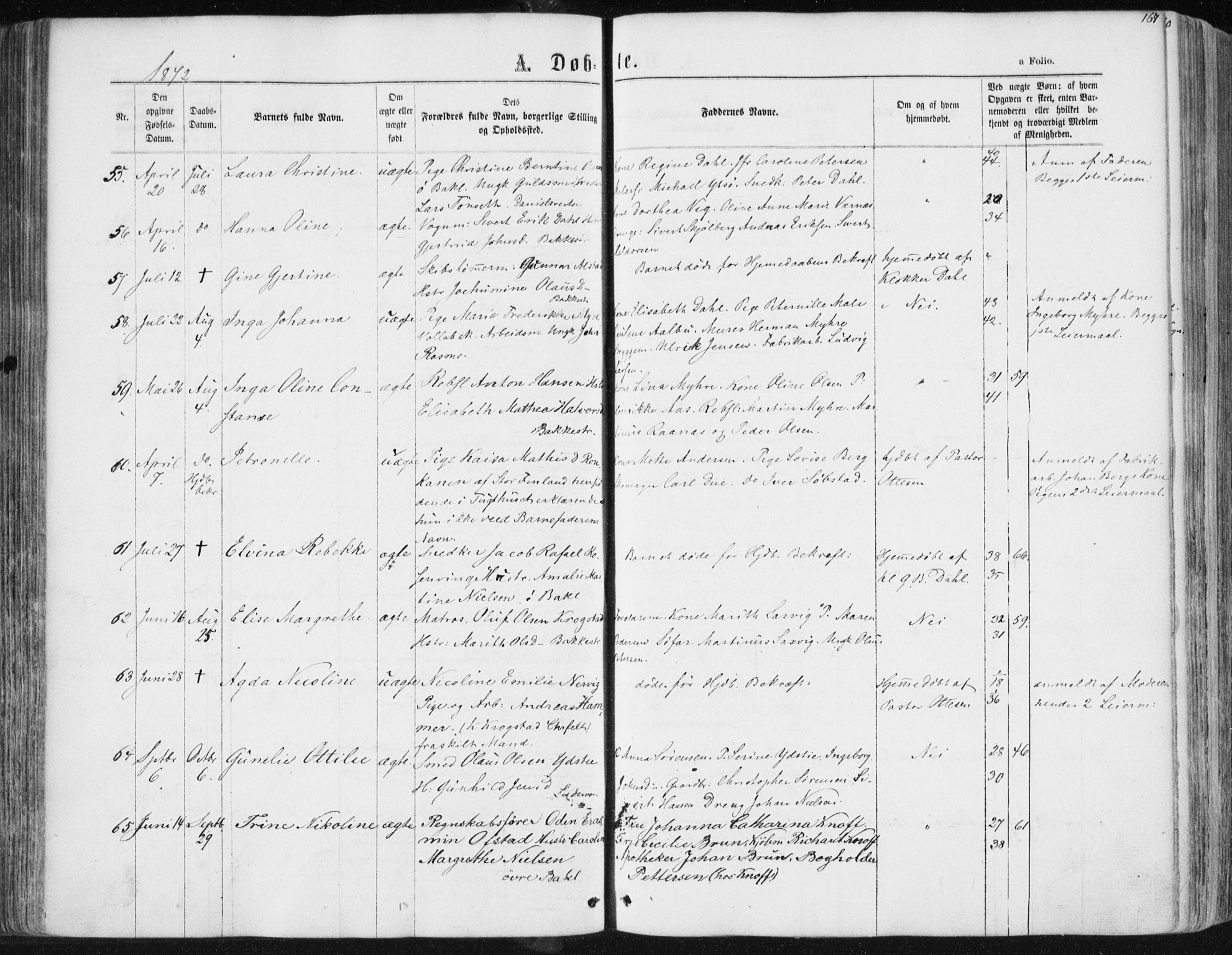 Ministerialprotokoller, klokkerbøker og fødselsregistre - Sør-Trøndelag, AV/SAT-A-1456/604/L0186: Parish register (official) no. 604A07, 1866-1877, p. 167