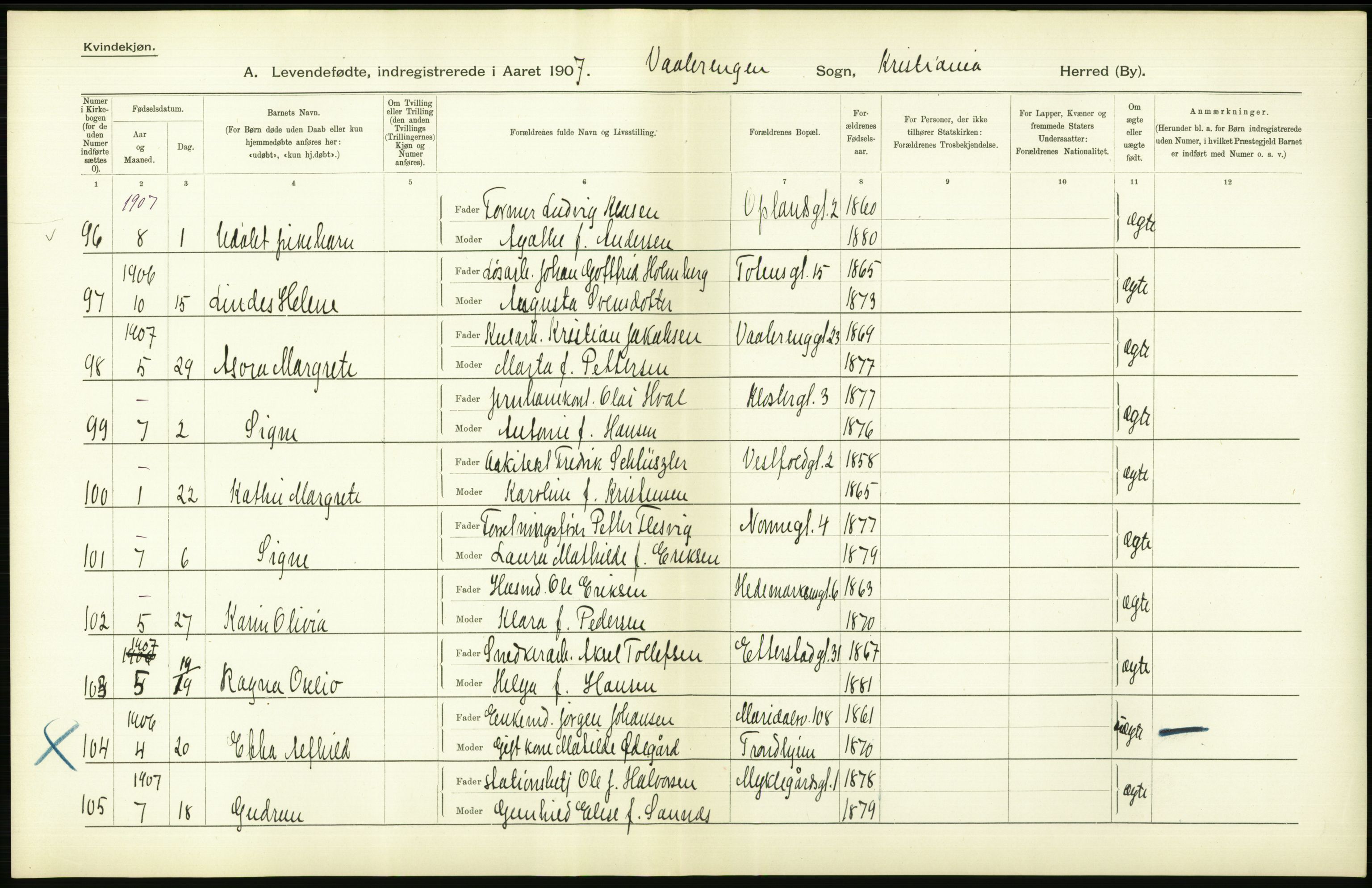 Statistisk sentralbyrå, Sosiodemografiske emner, Befolkning, AV/RA-S-2228/D/Df/Dfa/Dfae/L0007: Kristiania: Levendefødte menn og kvinner., 1907, p. 556