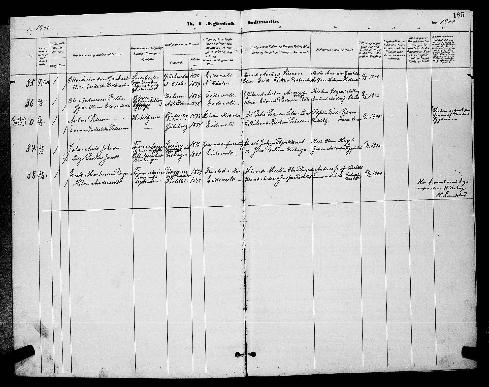 Eidsvoll prestekontor Kirkebøker, SAO/A-10888/G/Ga/L0006: Parish register (copy) no. I 6, 1895-1901, p. 185