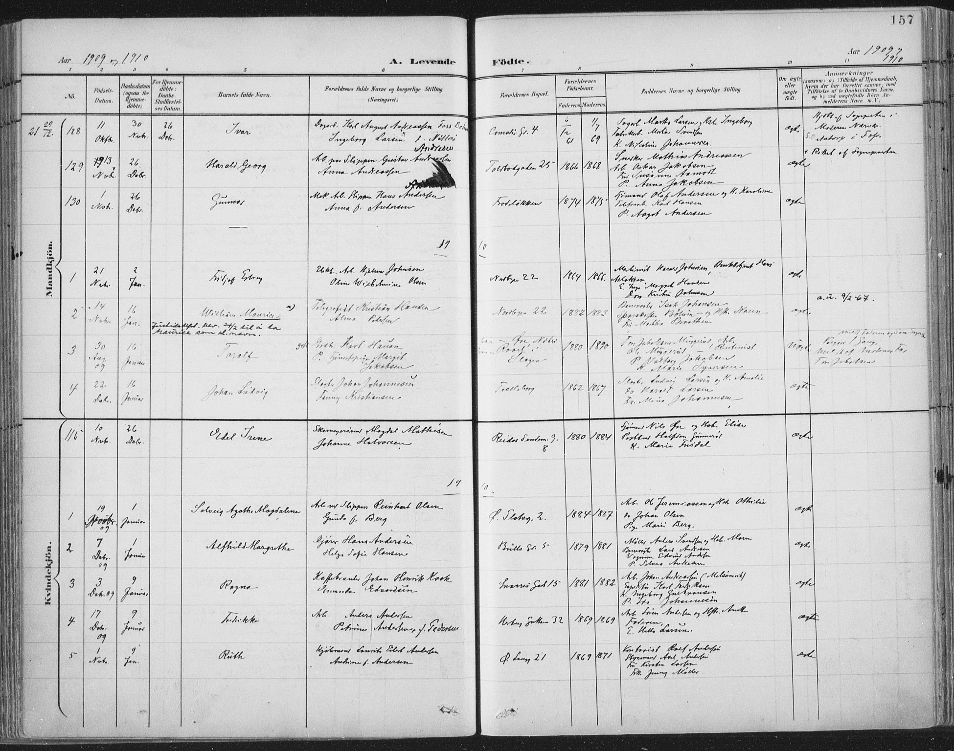 Tønsberg kirkebøker, SAKO/A-330/F/Fa/L0014: Parish register (official) no. I 14, 1900-1913, p. 157