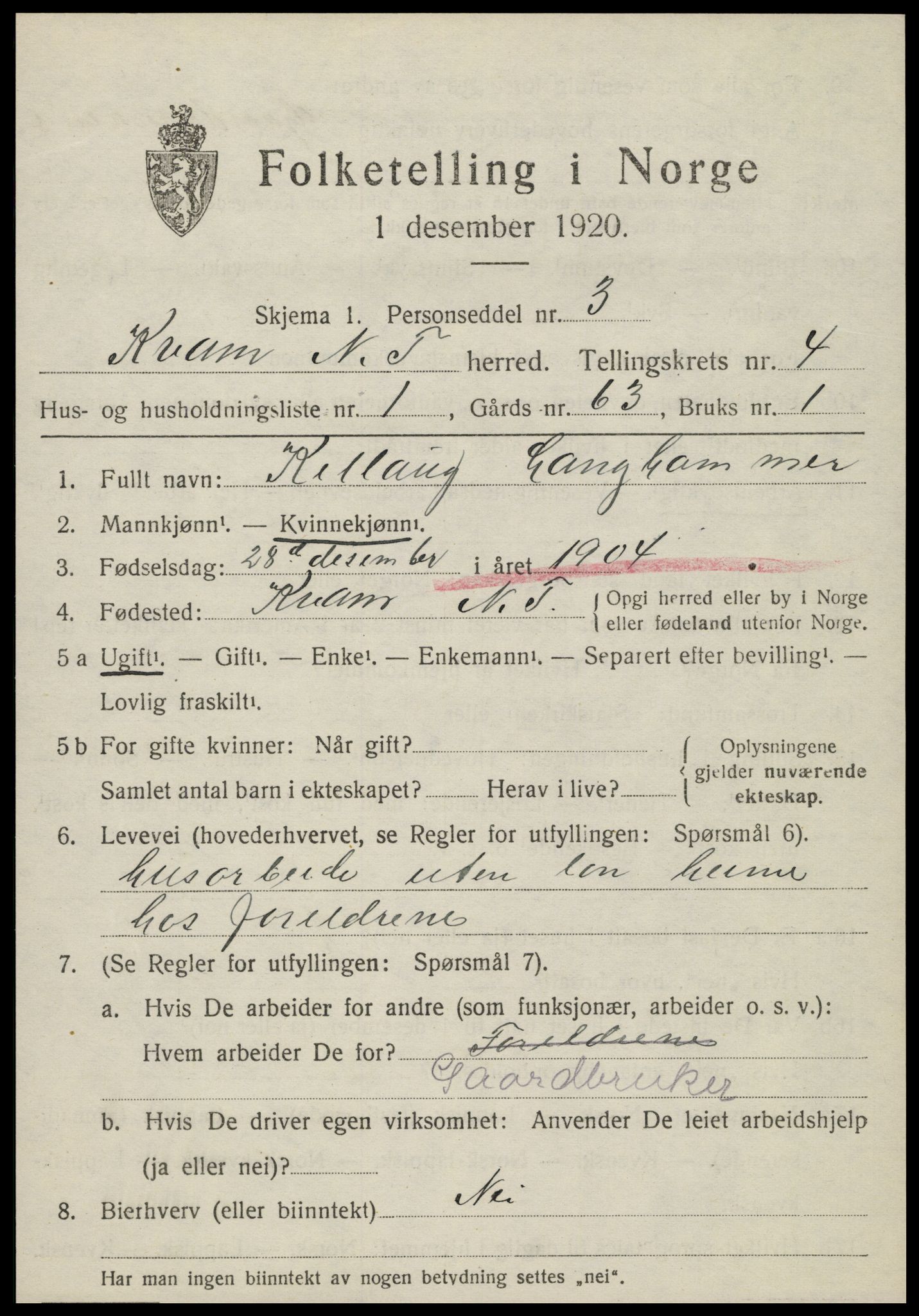 SAT, 1920 census for Kvam, 1920, p. 1093