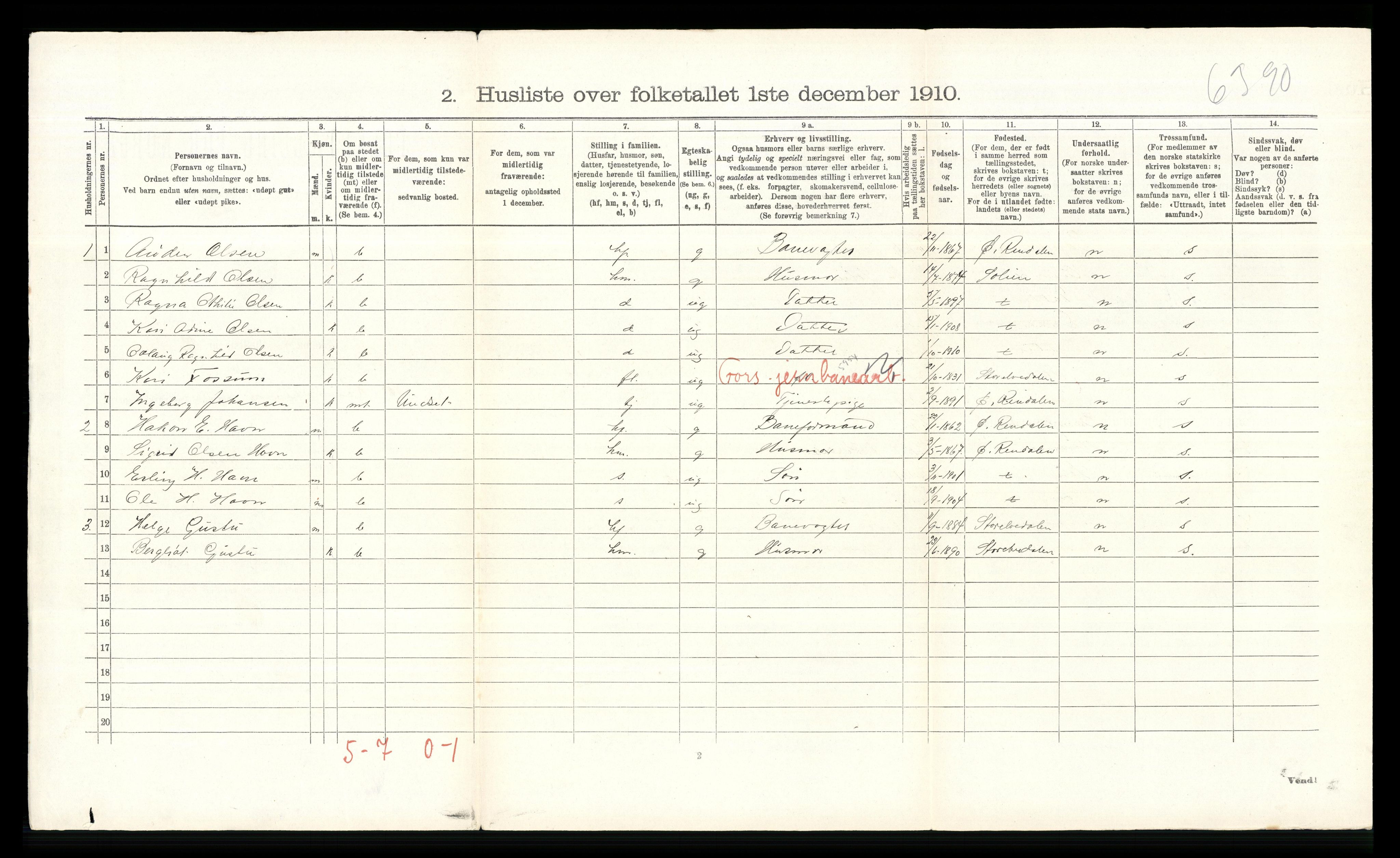 RA, 1910 census for Øvre Rendal, 1910, p. 603